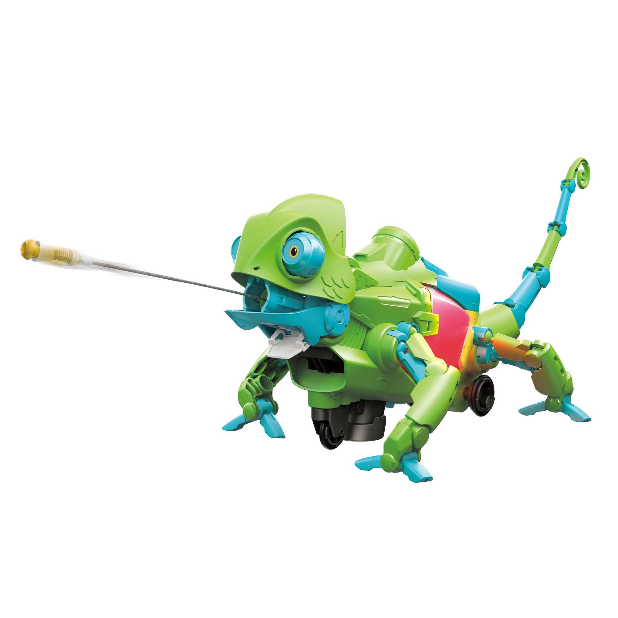 Interactive green robotic chameleon toy with extending tongue and colorful body, programmable with gesture sensors and LED lights for educational coding play.