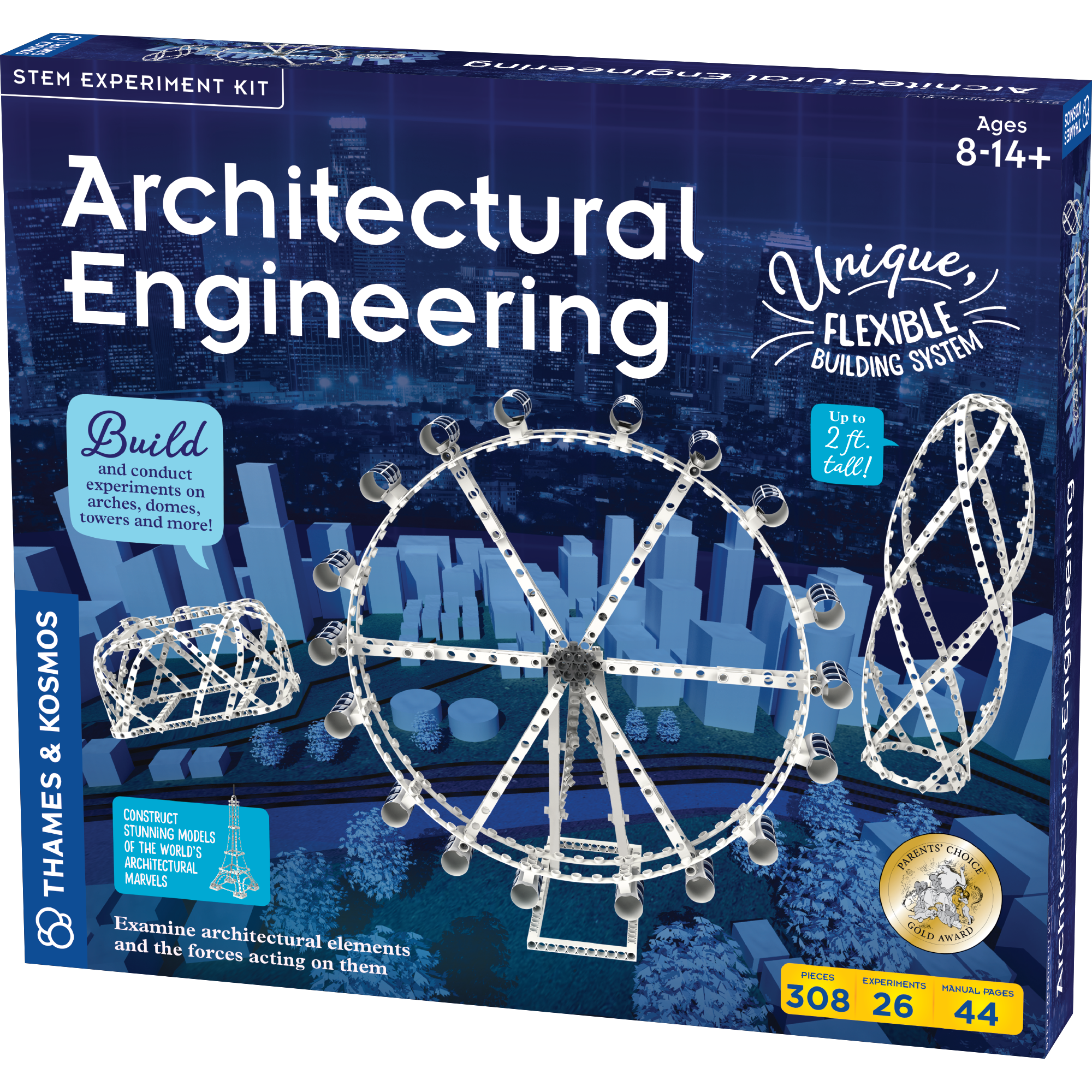 STEM architectural engineering kit with 308 pieces to build flexible structures like ferris wheels, domes, and towers for ages 8 and up.
