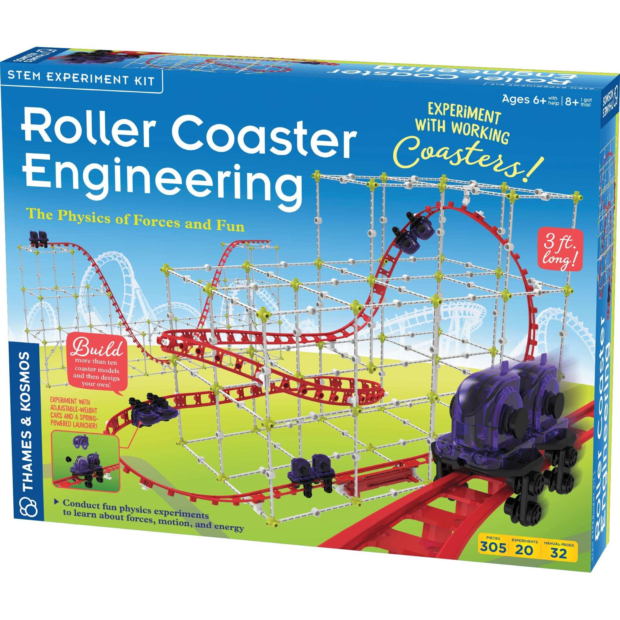 Roller Coaster Engineering STEM kit with modular track and frame to build and experiment with roller coaster physics and forces.