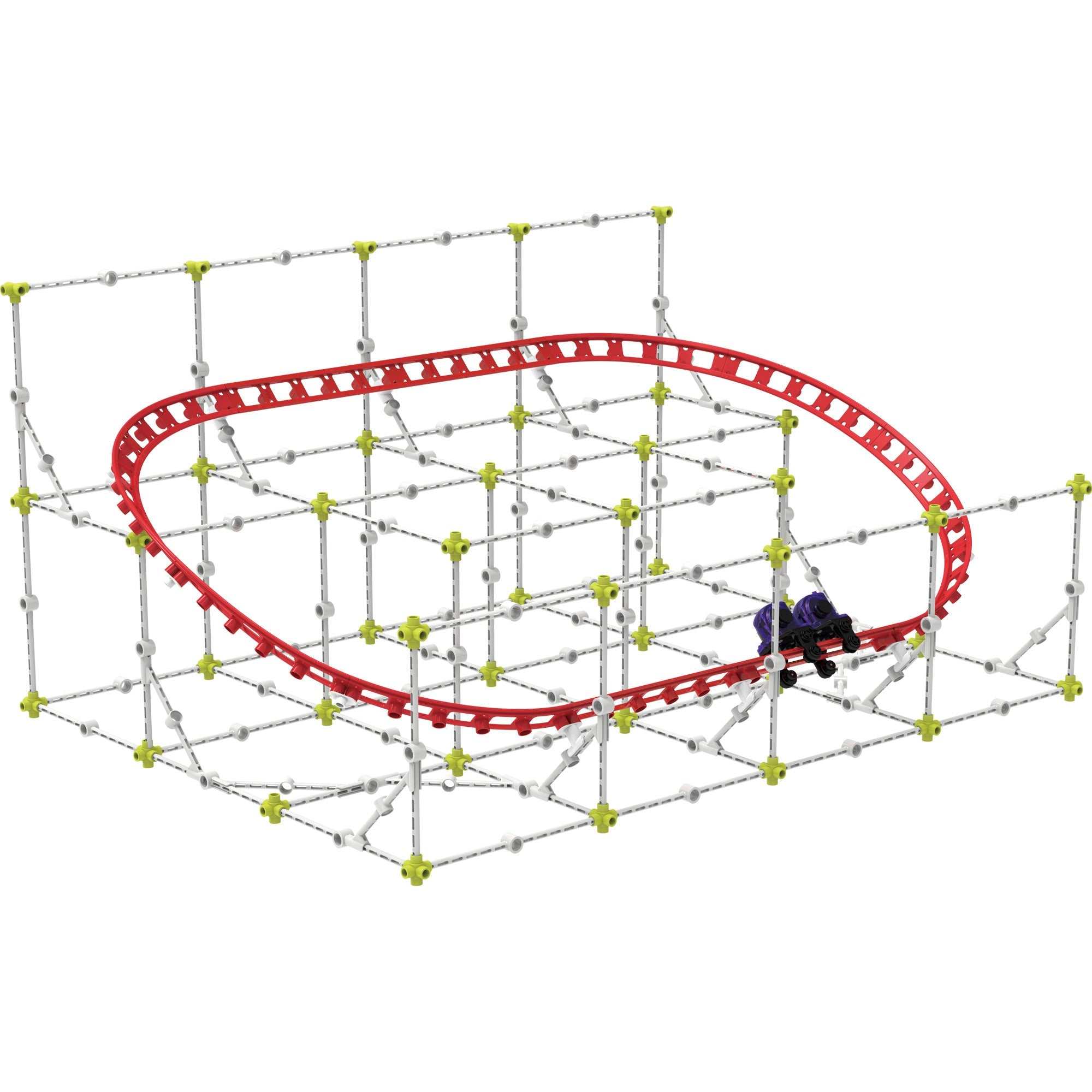 Modular roller coaster engineering kit with red track and sturdy frame for building and testing physics models.