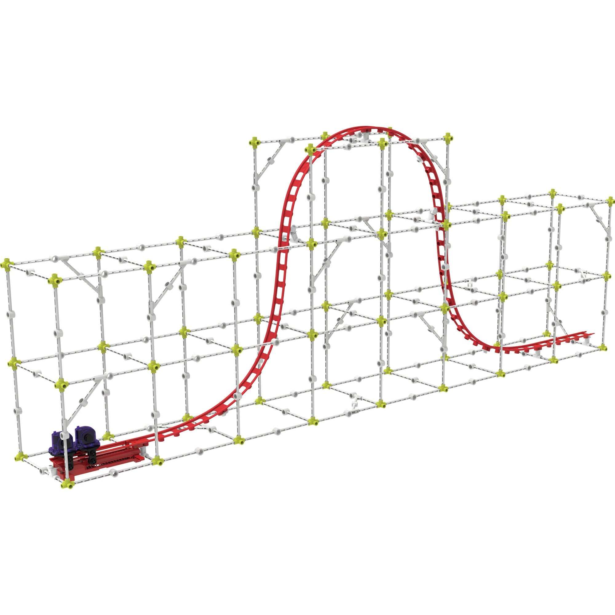 Roller coaster engineering kit with modular frame and flexible red track for building and testing physics-based coaster models