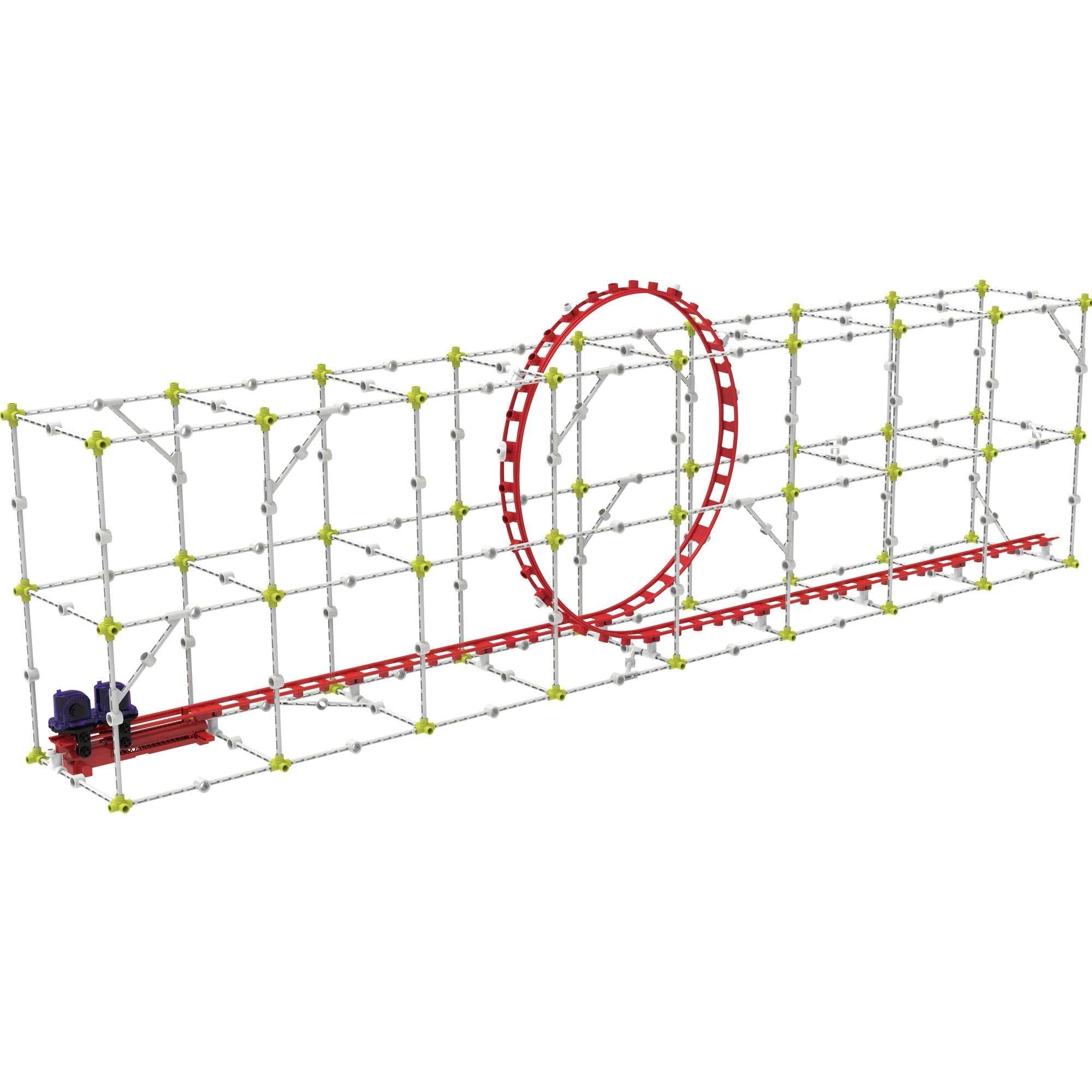 Roller Coaster Engineering kit with modular frame, loop track, and red roller coaster car for physics and engineering experiments.