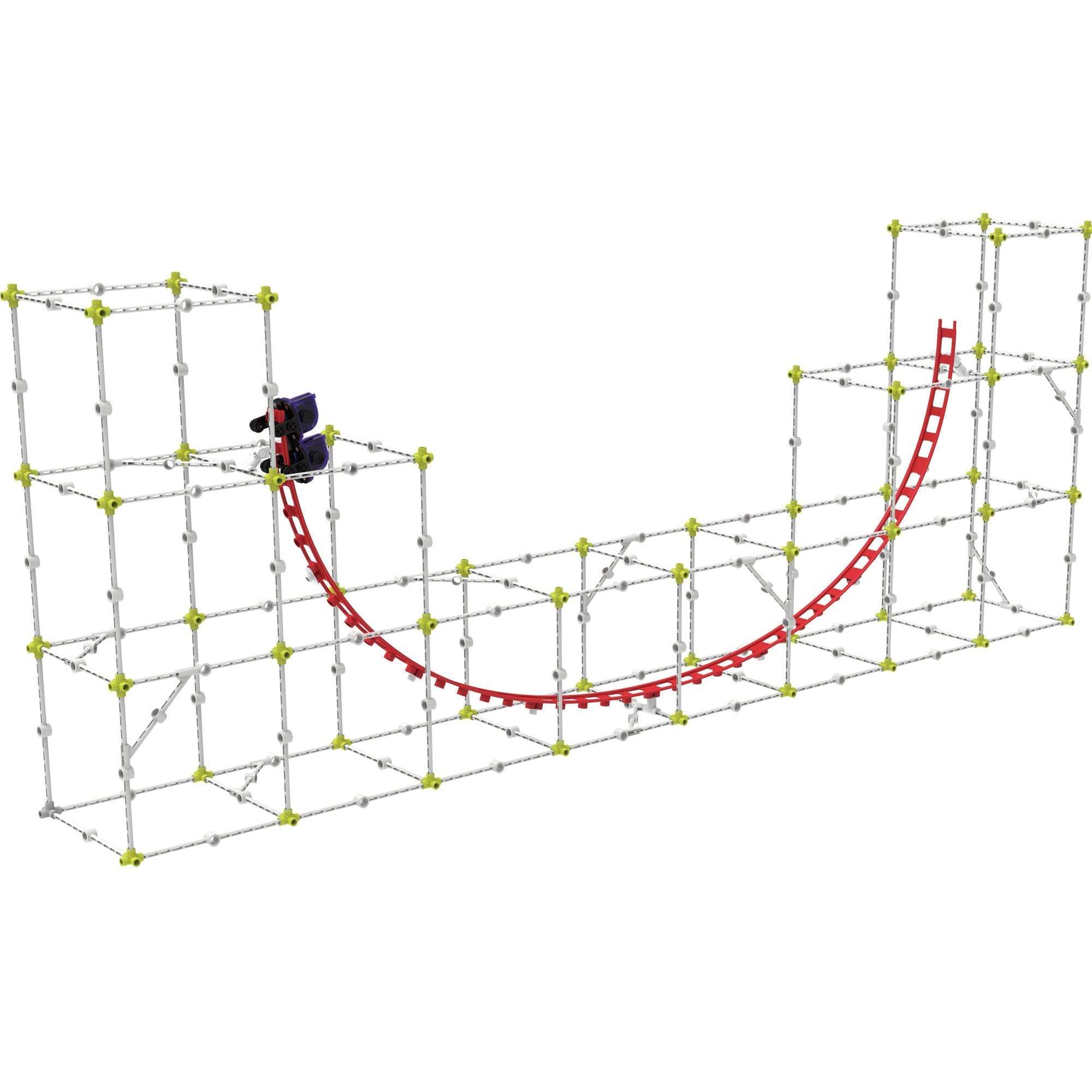 Modular roller coaster engineering kit with red flexible track and sturdy frame structure for physics experiments and hands-on learning.