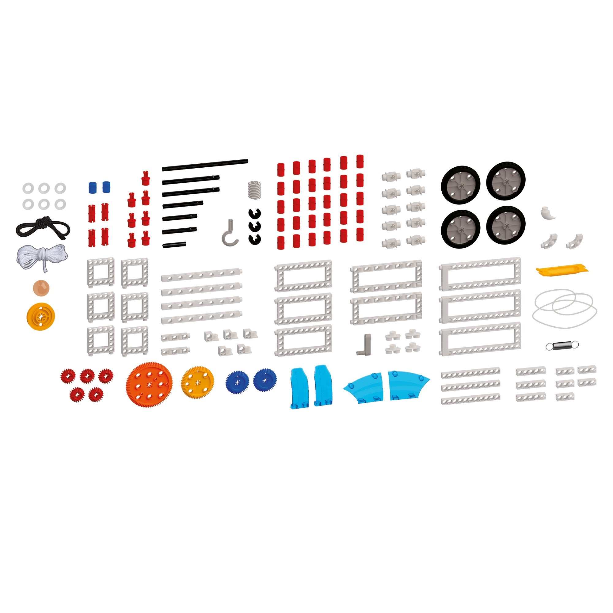 Mechanical engineering building kit with parts for assembling machines and vehicles including wheels, gears, and frame pieces.