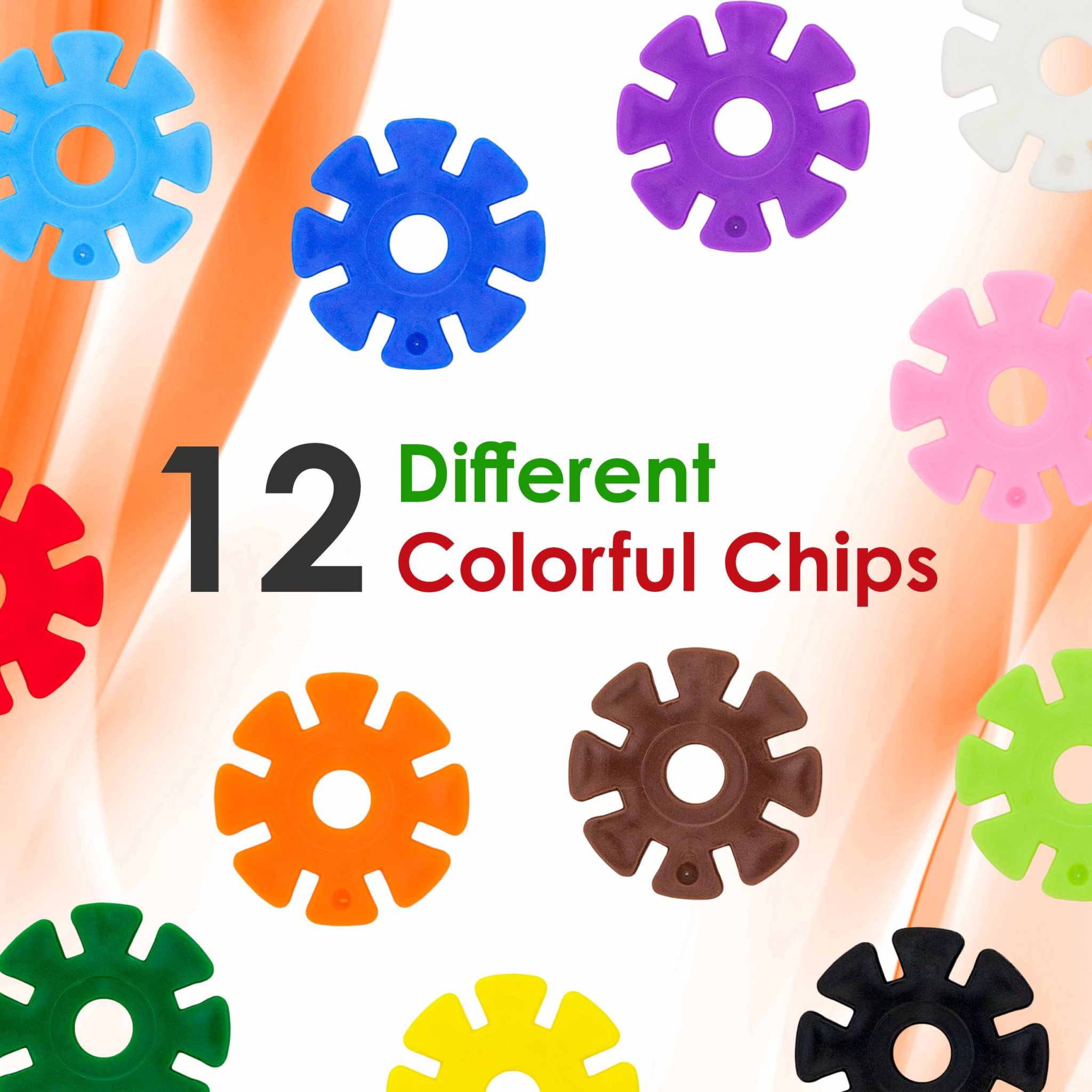Colorful PicassoTiles Building Chips in 12 vibrant colors including red, orange, yellow, green, blue, purple, black, brown, and white with interlocking disc design