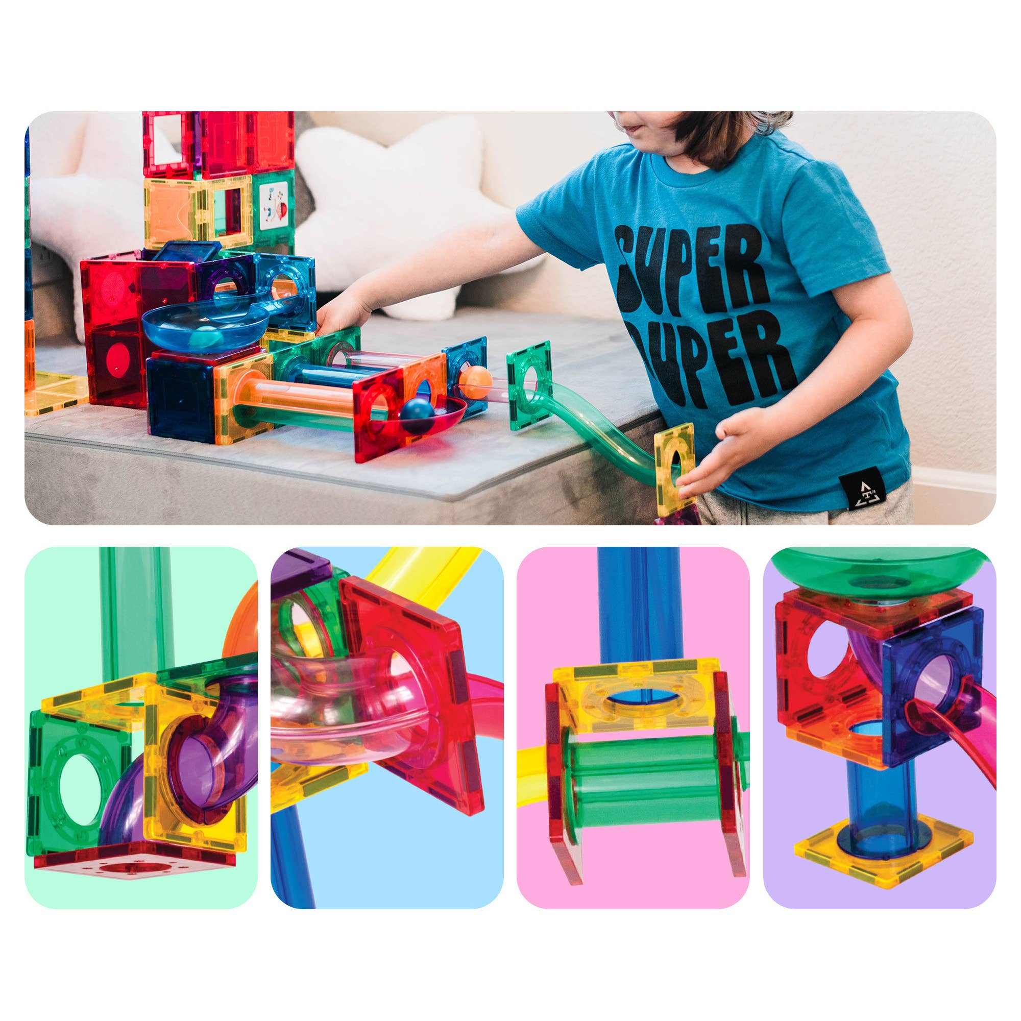 Child playing with colorful magnetic marble run track building set with translucent interlocking pieces and 3D maze design components.