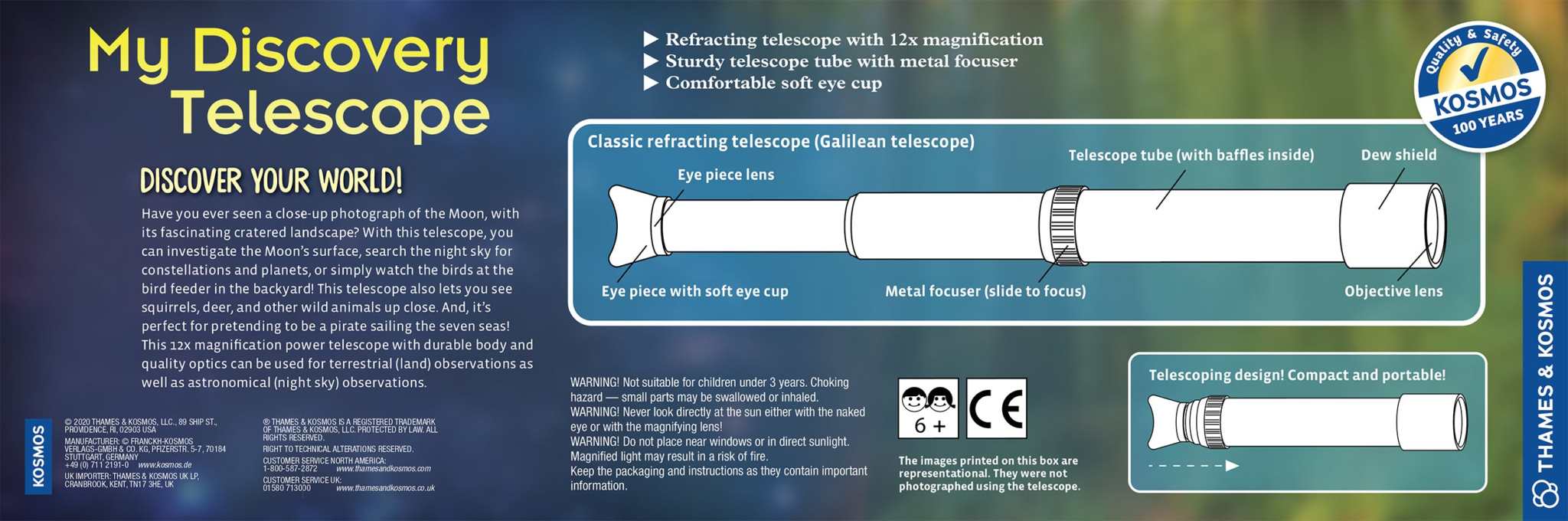 My Discovery Telescope with 12x magnification, soft eye cup, sturdy metal focuser, portable refracting design for moon, stars, and wildlife observation