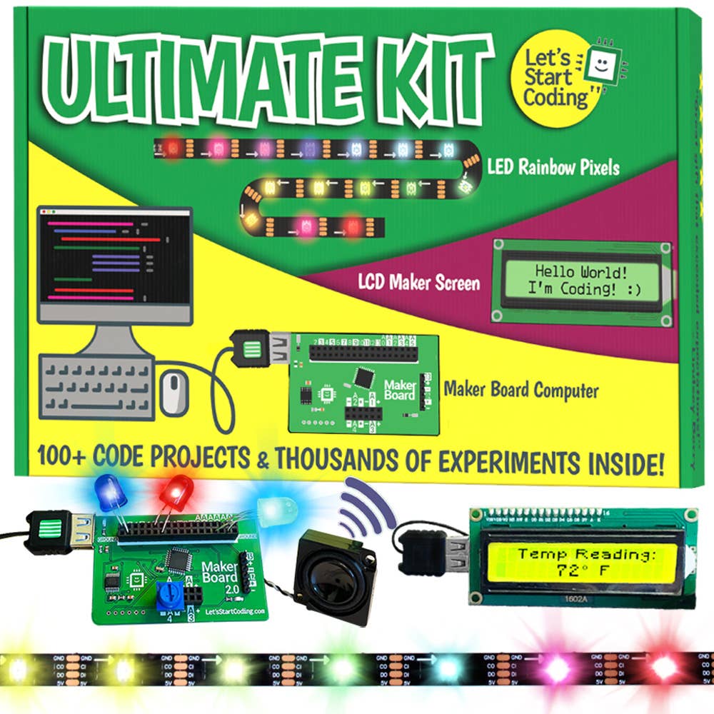 Ultimate Coding Kit with Maker Board, LED rainbow pixels, LCD screen, speaker, and over 100 coding projects for kids.