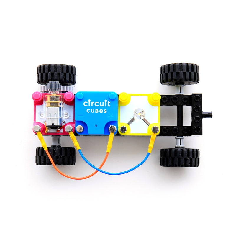 Circuit Cubes STEM Starter Kit with battery, motor, LED cubes, and wheels for building educational circuit projects
