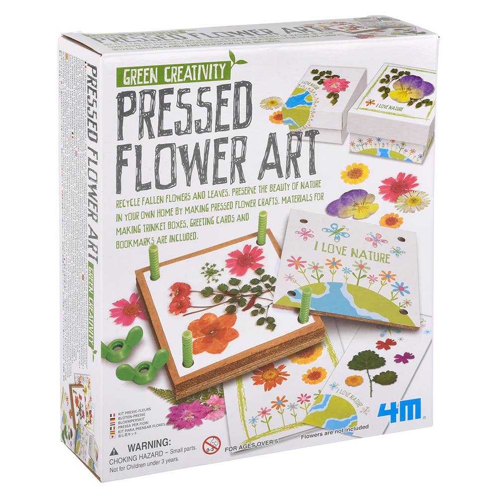 Pressed Flower Art kit with materials for making trinket boxes, greeting cards, and bookmarks using recycled fallen flowers and leaves.