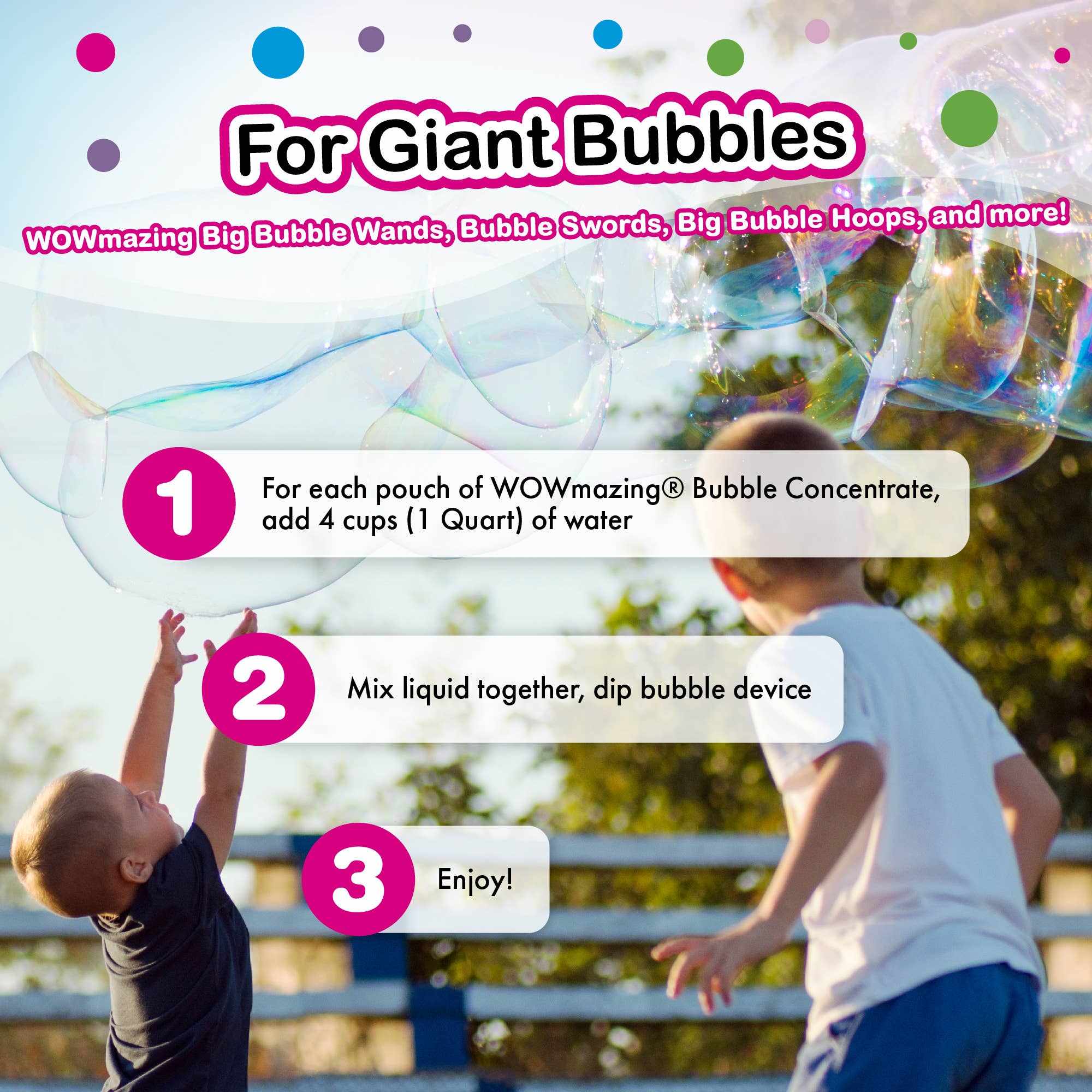 Children playing outdoors with giant bubbles made using WOWmazing Giant Bubble Concentrate refill pack