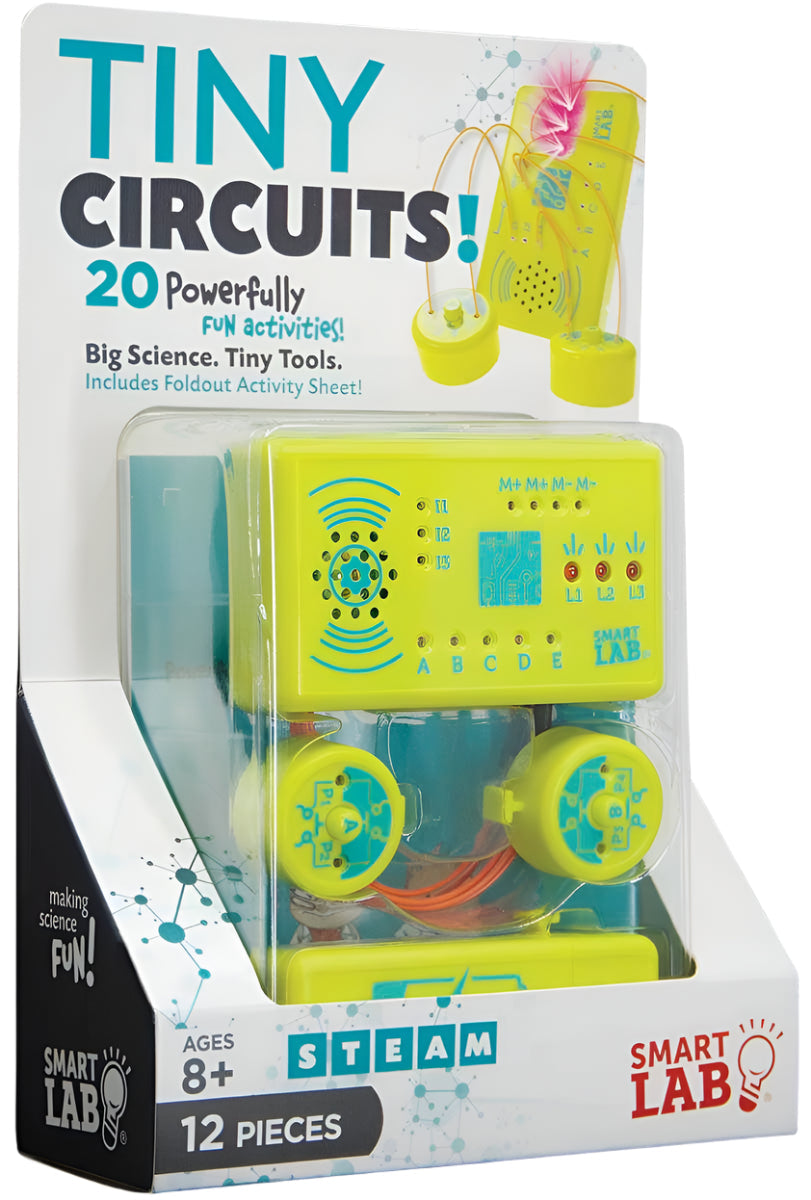 Tiny Circuits mini microprocessor electronic kit with LED, speaker, wires, and buttons for STEM projects