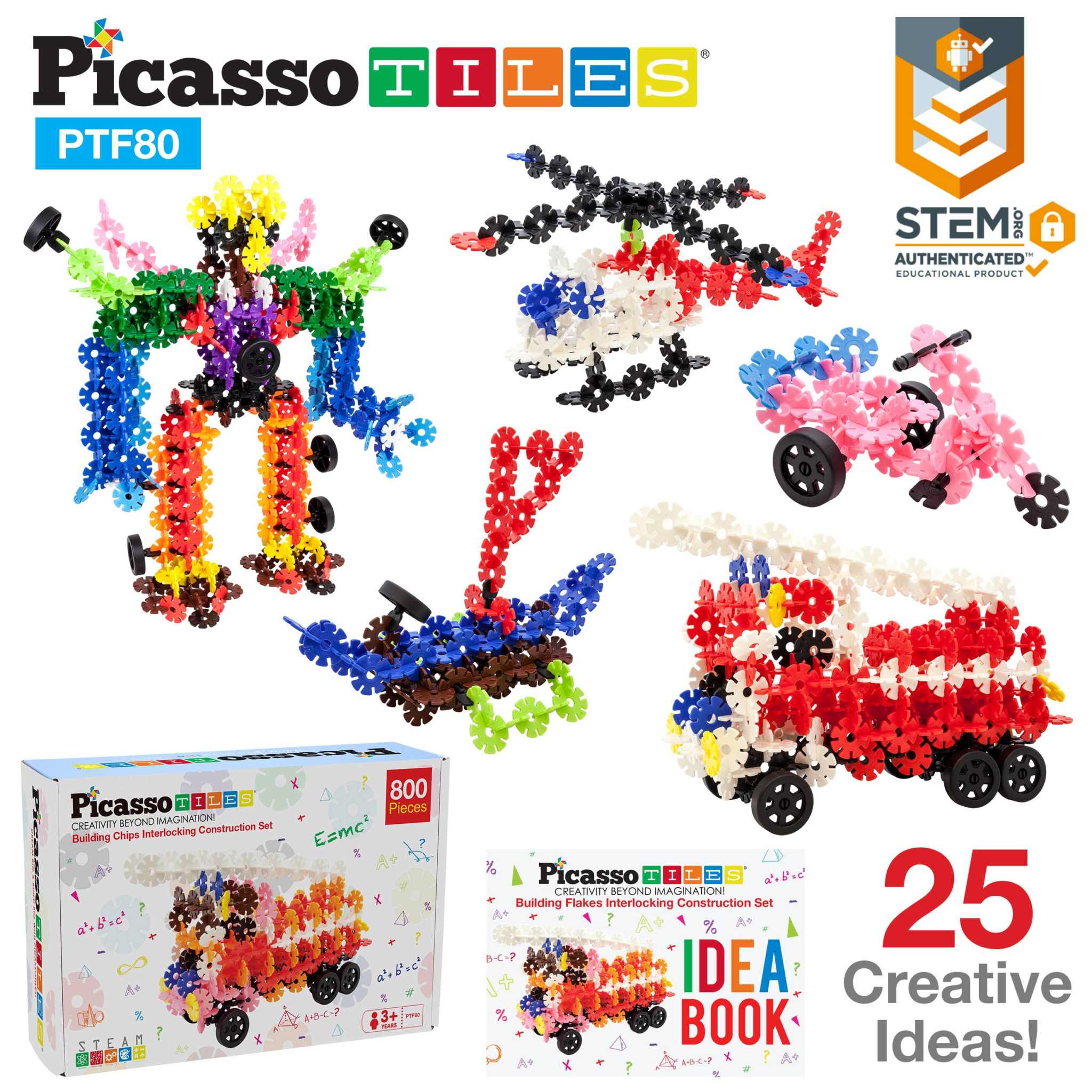 PicassoTiles 800pc Building Chips set with 12 colorful interlocking discs, 10 wheels, and an instructional idea book for STEM creative building.