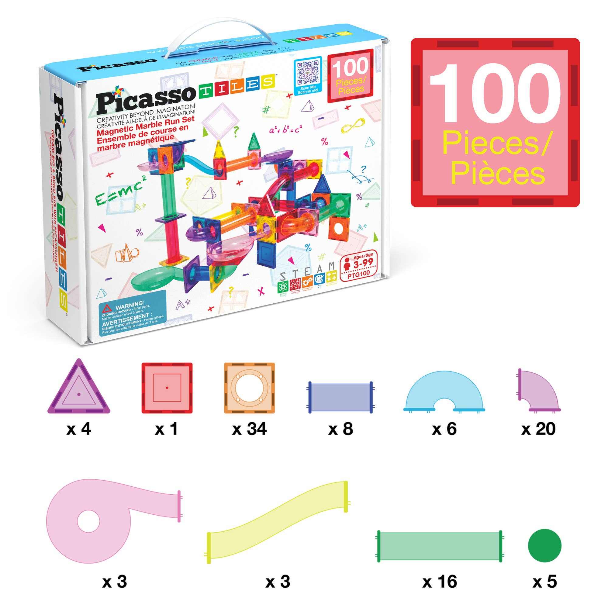 PicassoTiles 100-piece Magnetic Marble Run Track educational STEM toy with colorful translucent magnetic tiles and multi-shape pieces for creative 3D maze building.