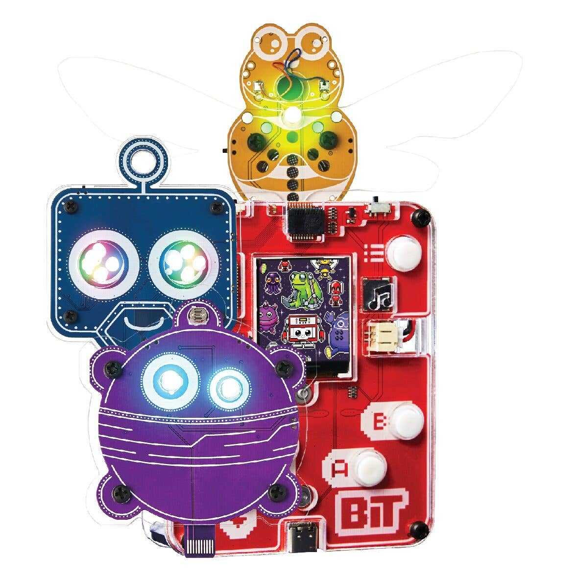 Circuit Mess BiT DIY game console kit with colorful robot and frog designs, educational STEM electronics and programming learning tool.