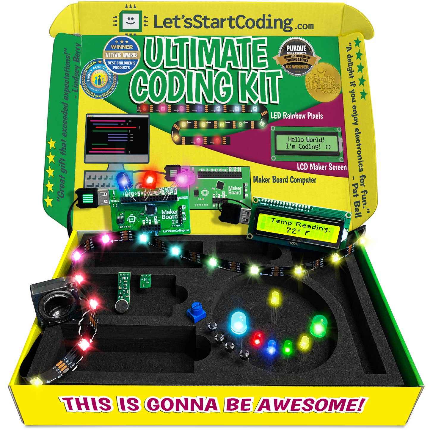 Ultimate Coding Kit with Maker Board, LED lights, sensors, LCD screen, and electronic components for kids coding projects