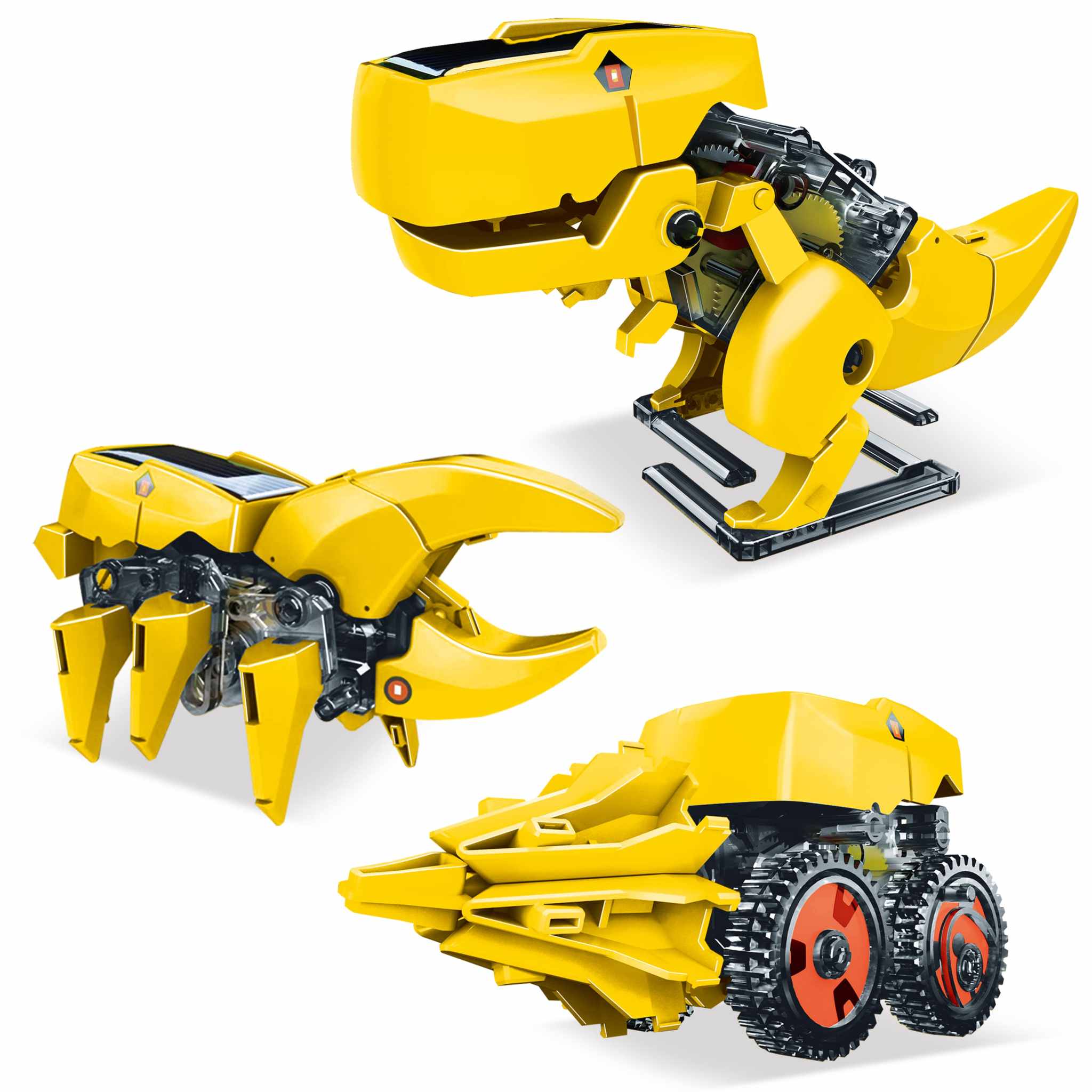 Yellow solar powered dinosaur robot toy kit with three transformable robotic designs for STEM learning and eco-friendly play