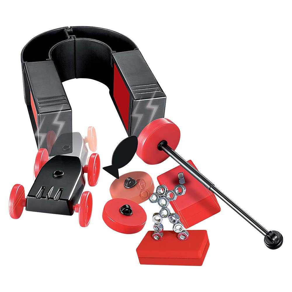 Super magnet set with wheels, magnetic fishing rod, and magnetic sculpture components for Magnet Science experiments and games.