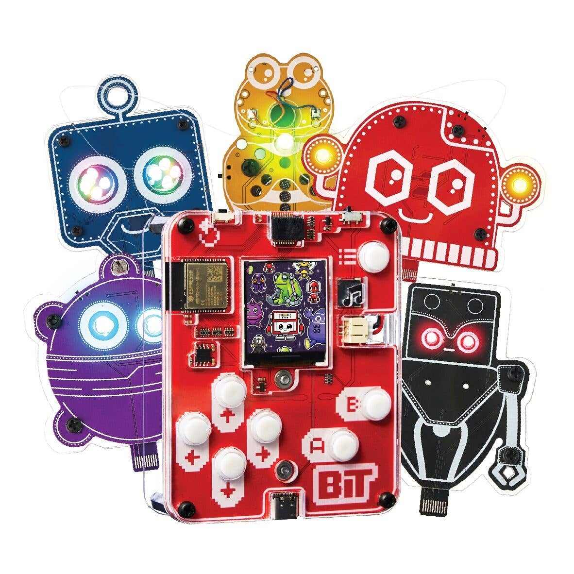 Compact red DIY game console kit with colorful robot-themed circuit components for STEM learning and coding education.