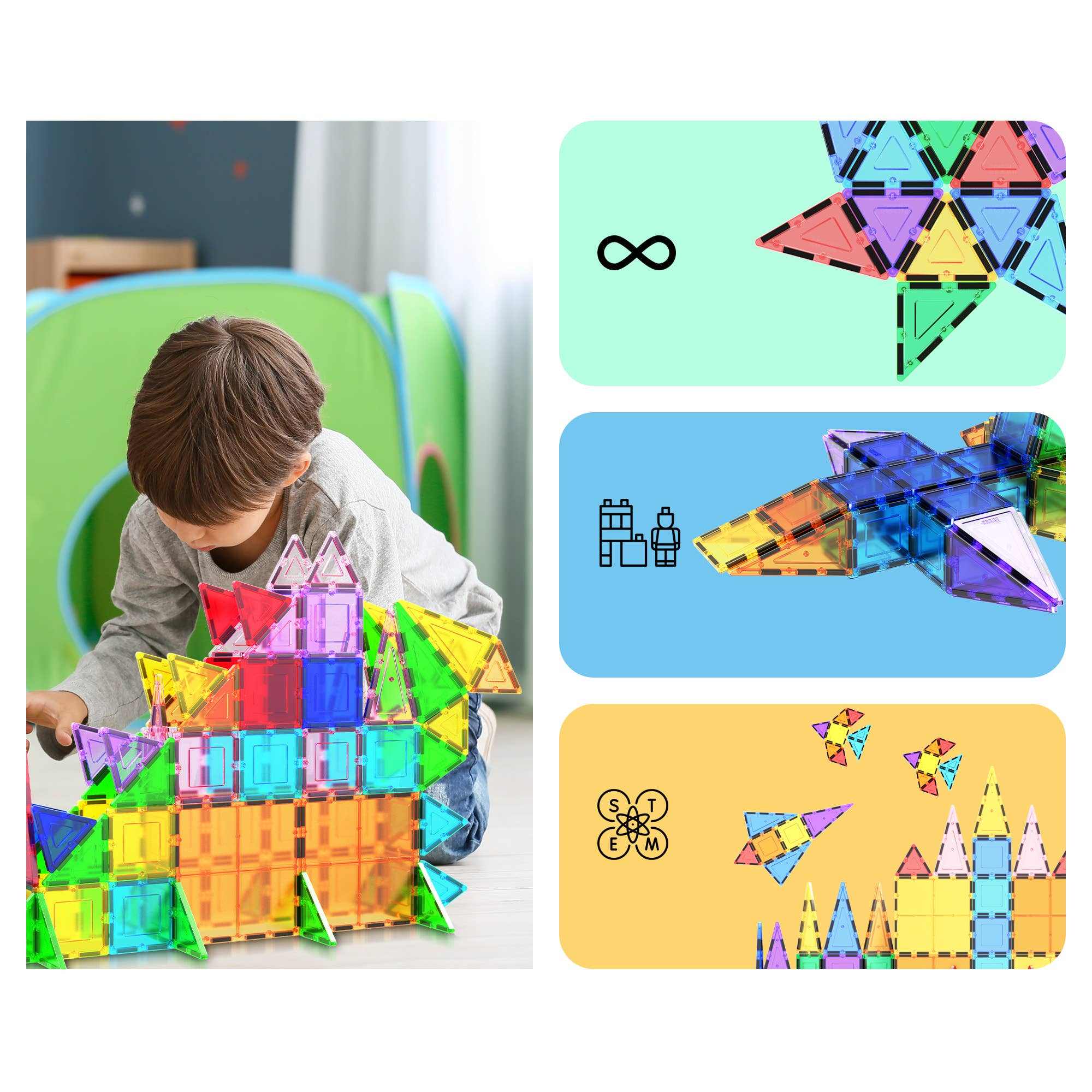 Child playing with colorful 101-piece magnetic tileset building geometric structures for creative play and learning.