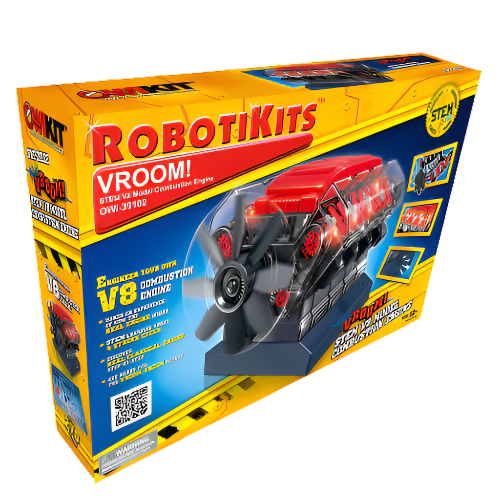 STEM V8 Engine model kit with 270 pieces featuring spinning cooling fan, moving pistons, and flashing lights in a realistic automotive engineering simulation.