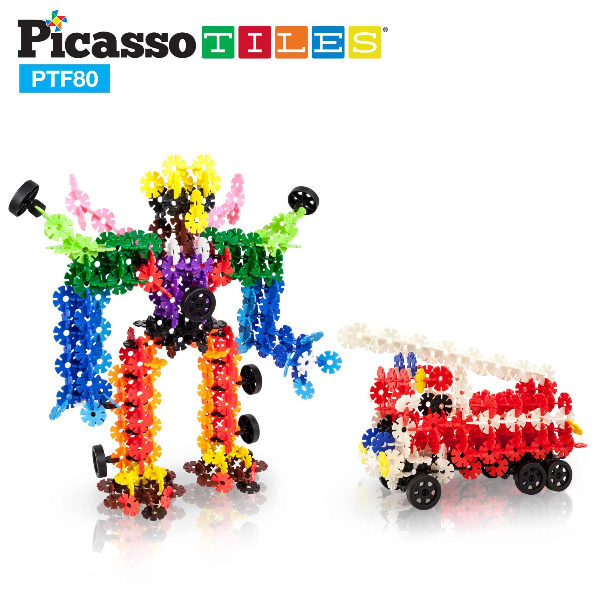 PicassoTiles 800pc colorful interlocking building chips with wheels for STEM learning and creative construction.