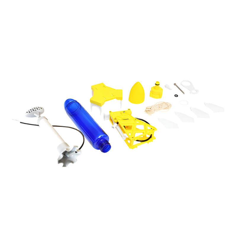 Water powered rocket set components including blue water tank, yellow rocket parts, and air pump for STEM learning and outdoor fun