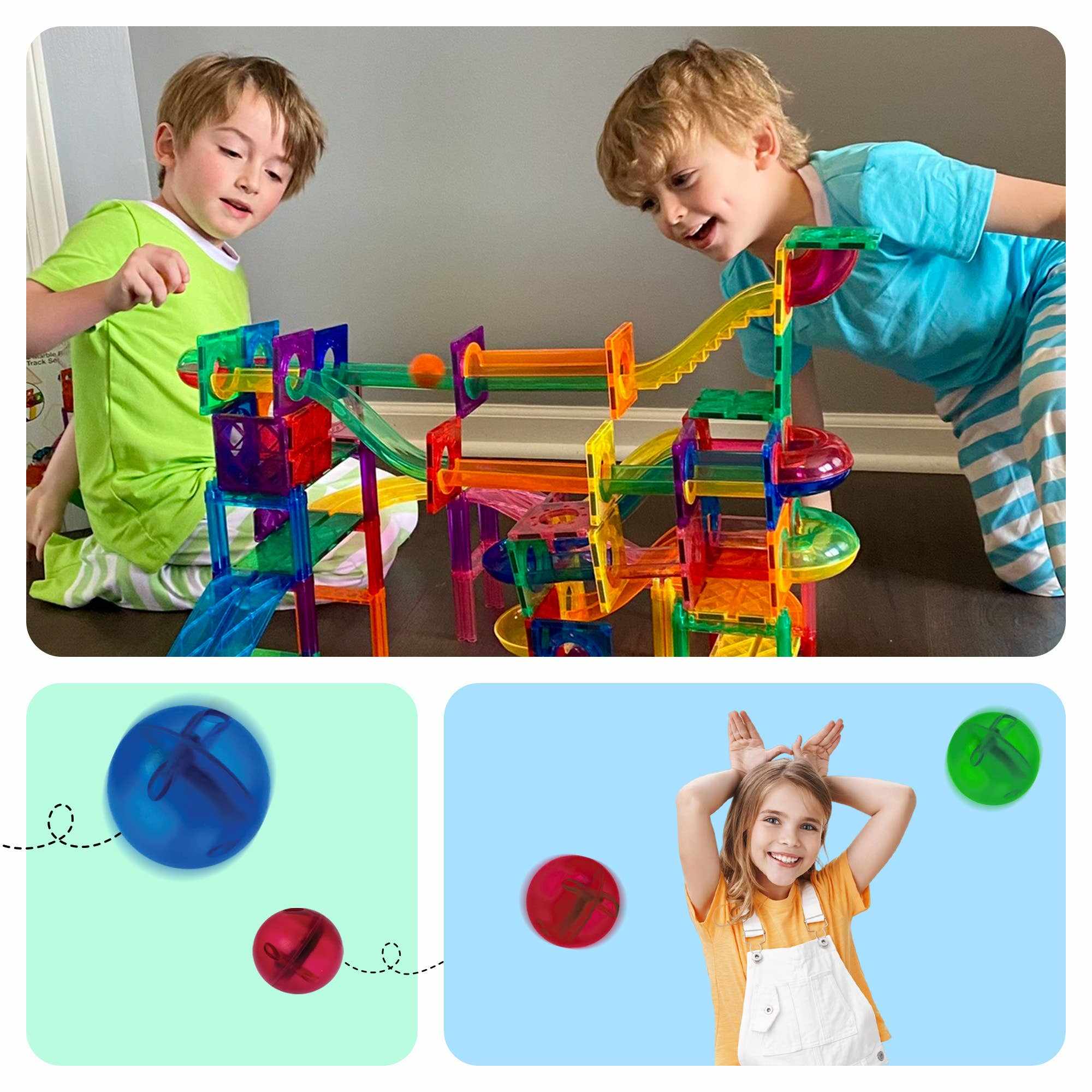Two children playing with a colorful magnetic marble run track set made of translucent tiles encouraging STEM learning and creativity