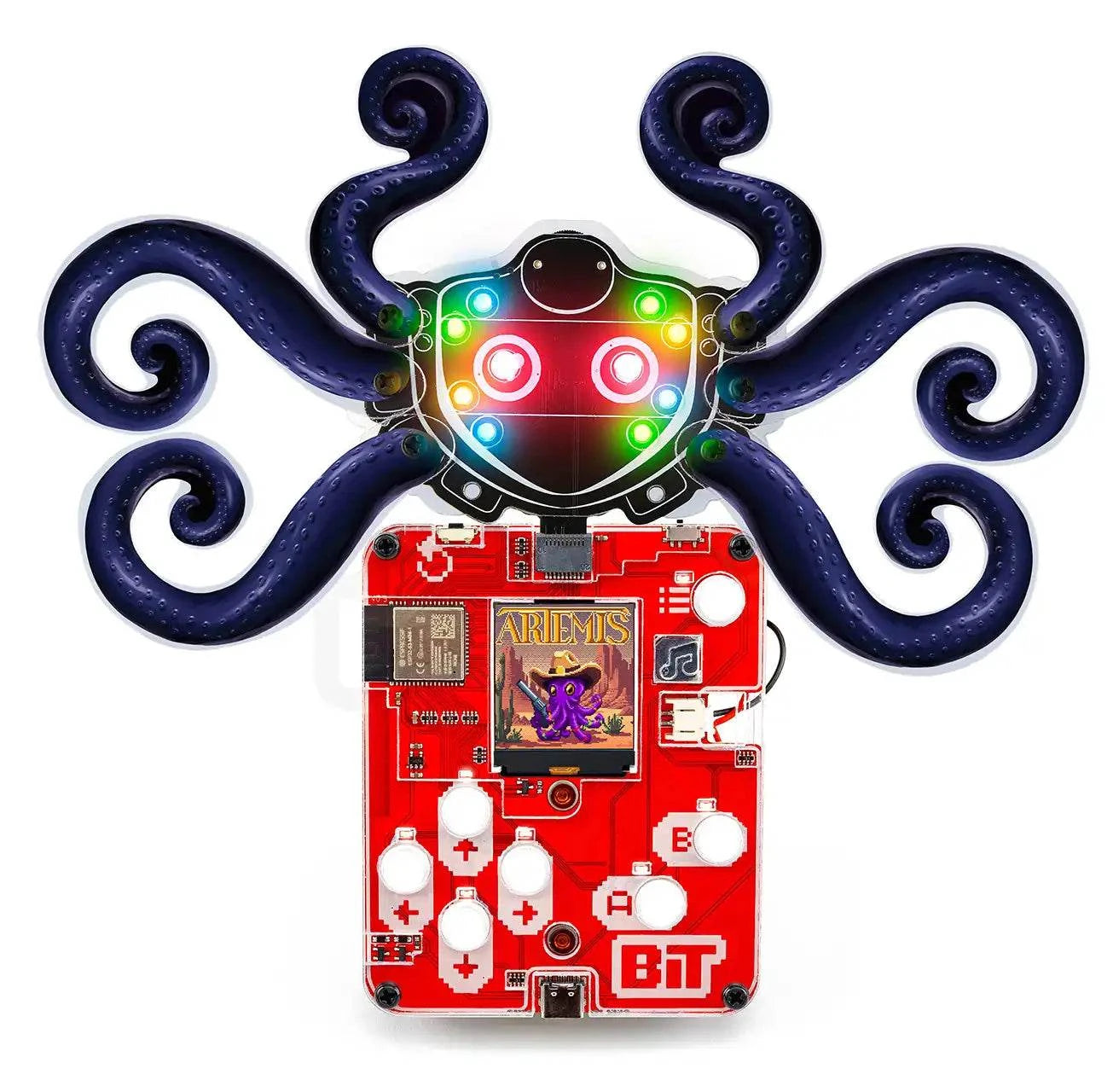 Wacky Robot Artemis DIY mini robot kit with blinking LEDs and circuit board featuring octopus design and colorful lights