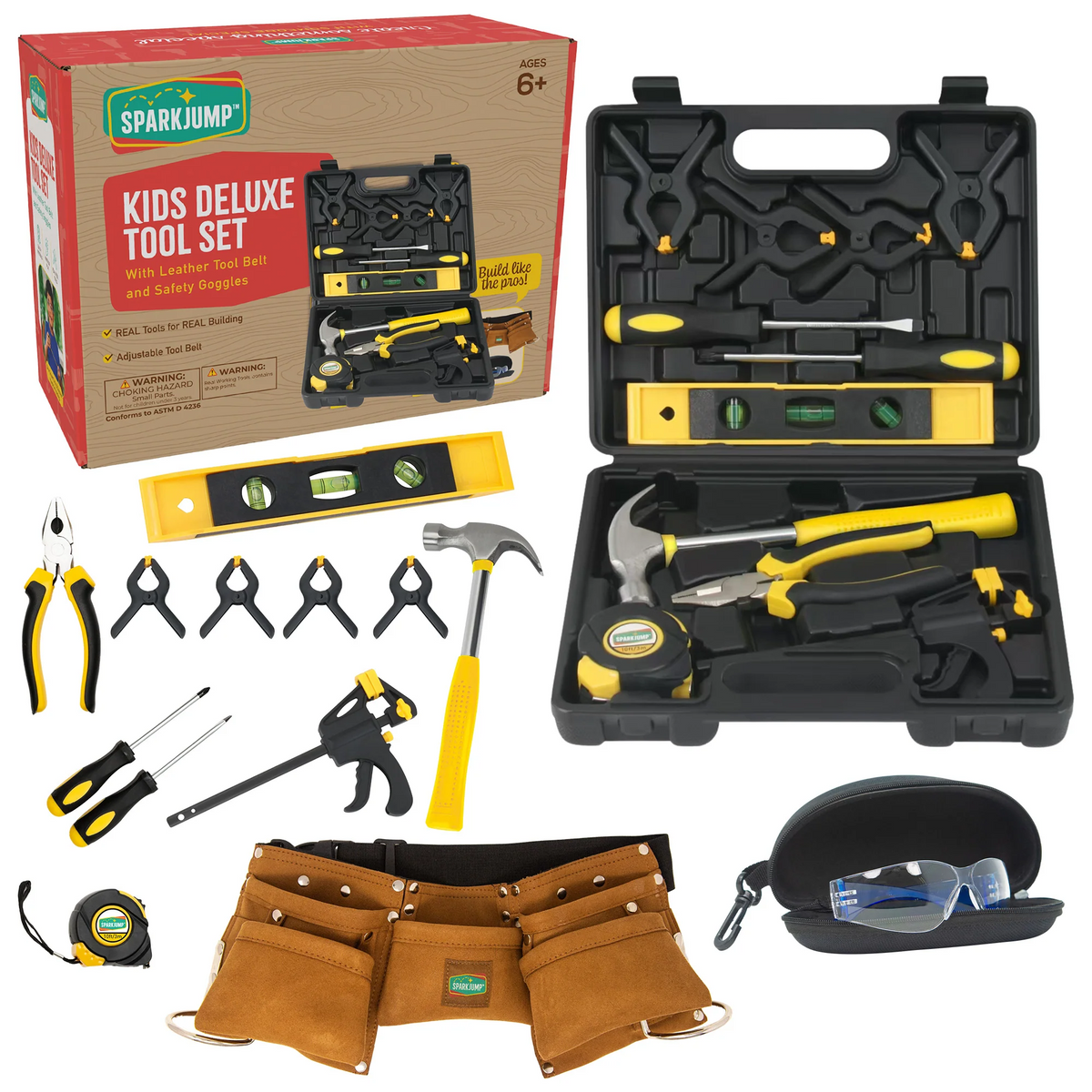 Kids Deluxe Real Tool Set with Tool Belt & Safety Goggles