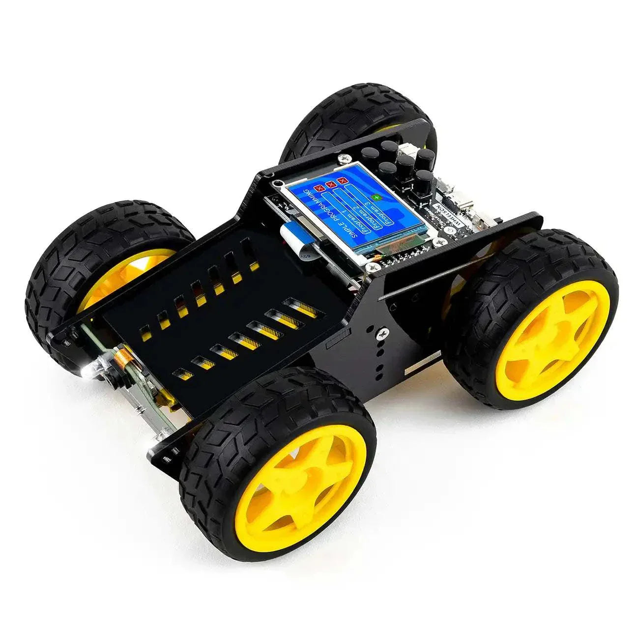 Wheelson AI-powered self-driving robot car kit with yellow wheels and touchscreen display for STEM learning and autonomous navigation.