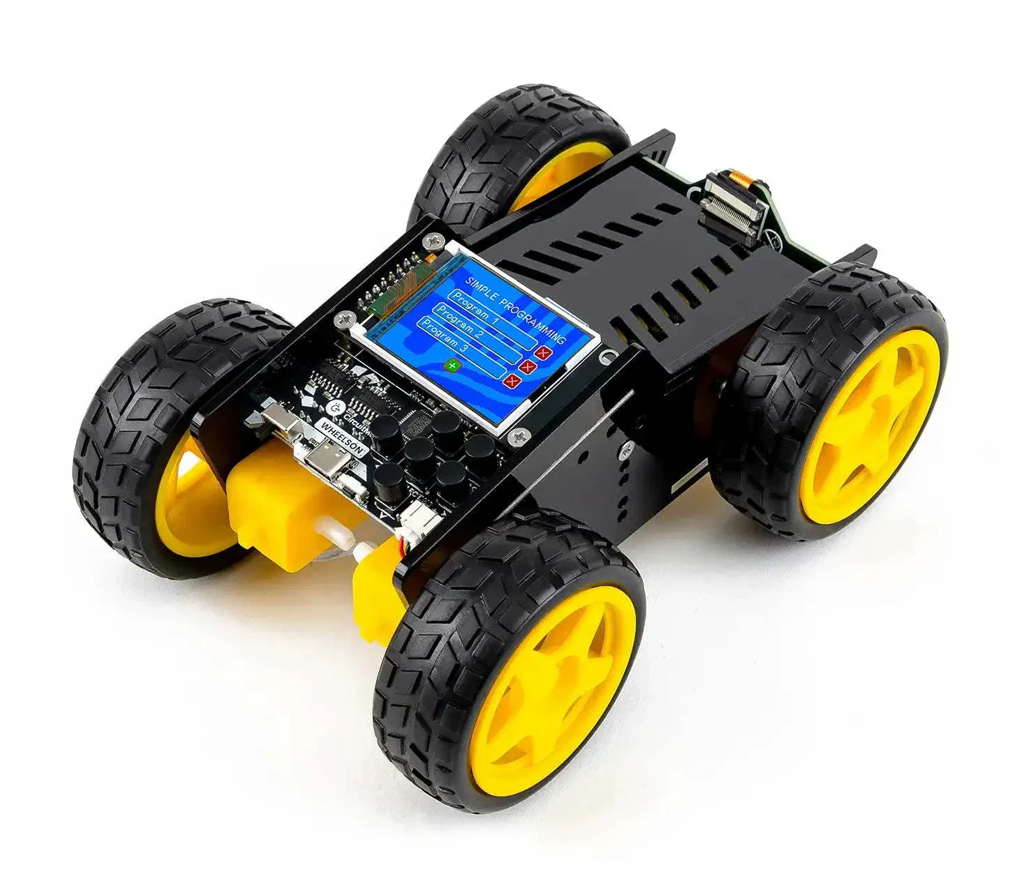 Wheelson AI-powered self-driving robot car kit with yellow wheels and programmable circuit board