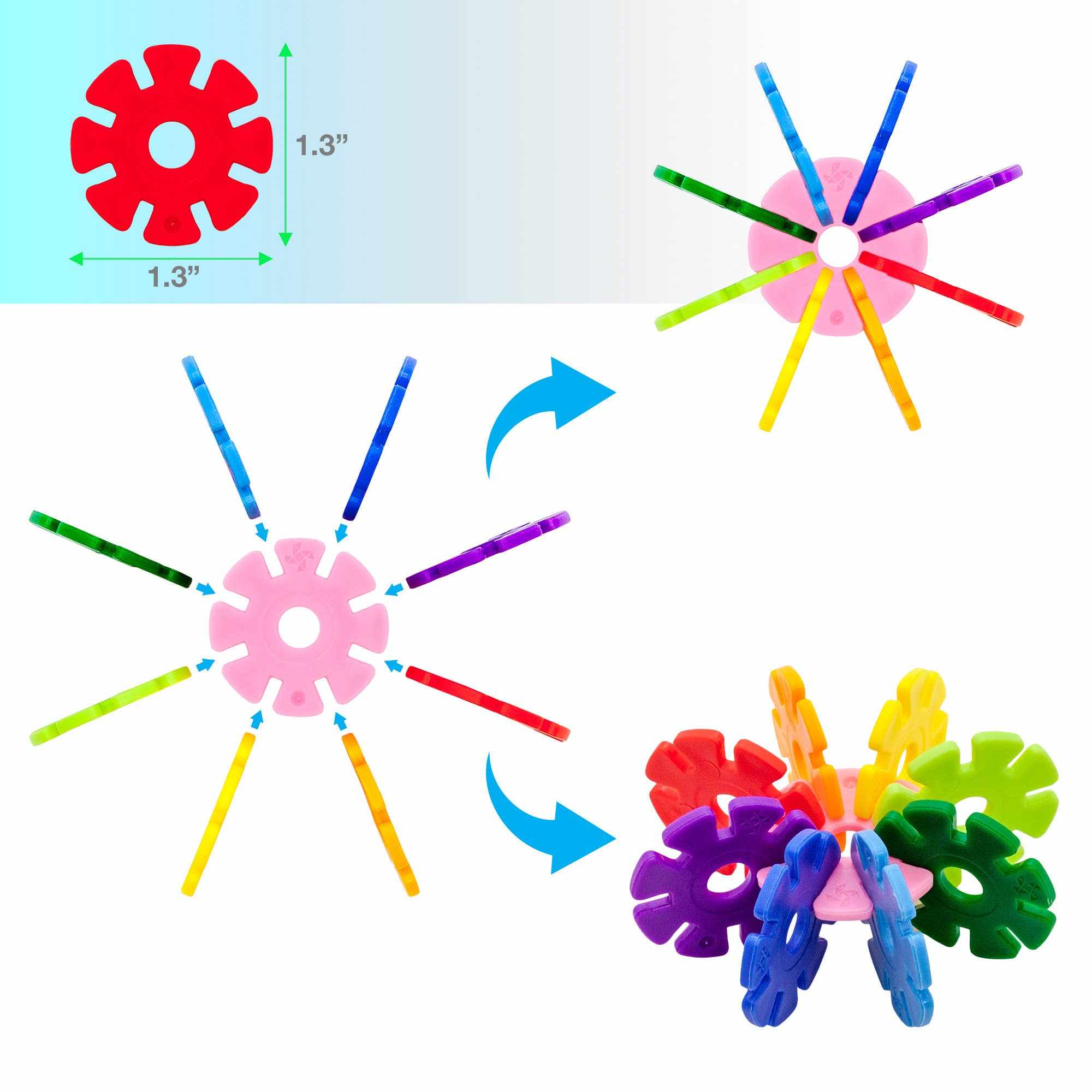 Colorful PicassoTiles 300pc Building Chips interlocking disc blocks shown in assembled shapes with size dimensions.