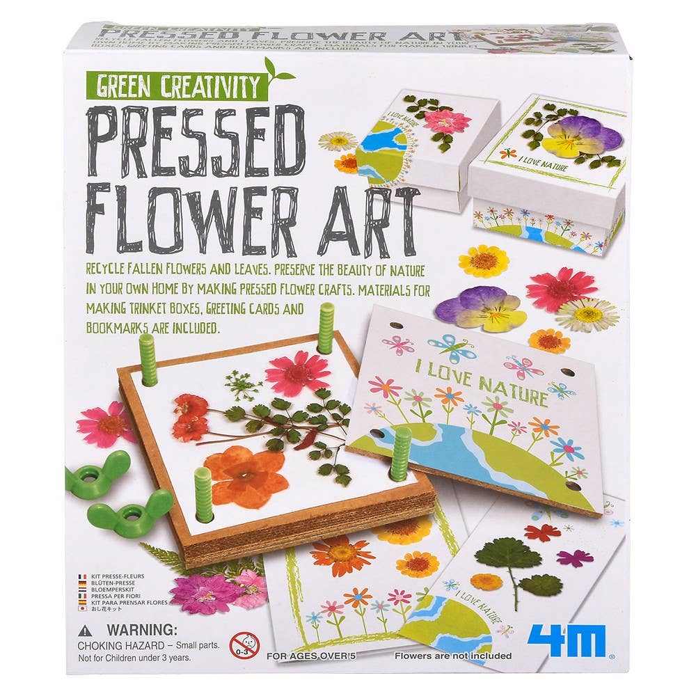Pressed flower art kit with materials for making trinket boxes, greeting cards, and bookmarks using recycled flowers and leaves
