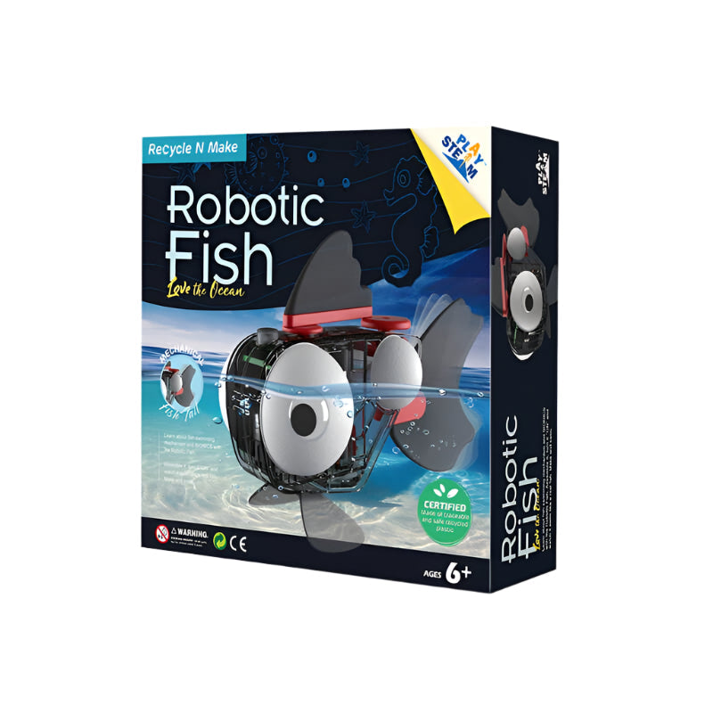 Robotic fish toy made from recycled materials, designed for children to learn ocean conservation and marine wildlife protection.