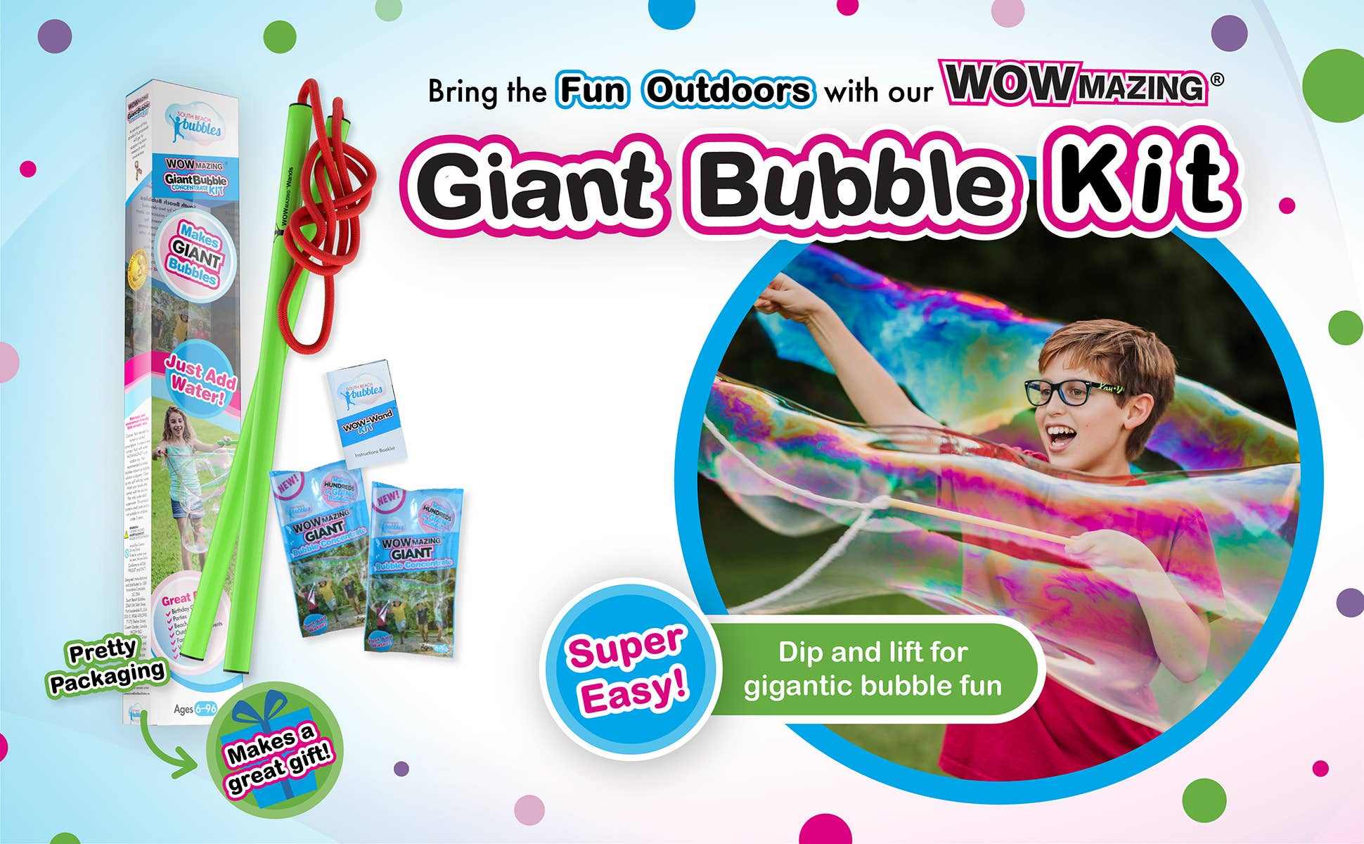 WOWmazing Giant Bubble Kit with big wands, bubble concentrate, and booklet for creating giant colorful bubbles outdoors