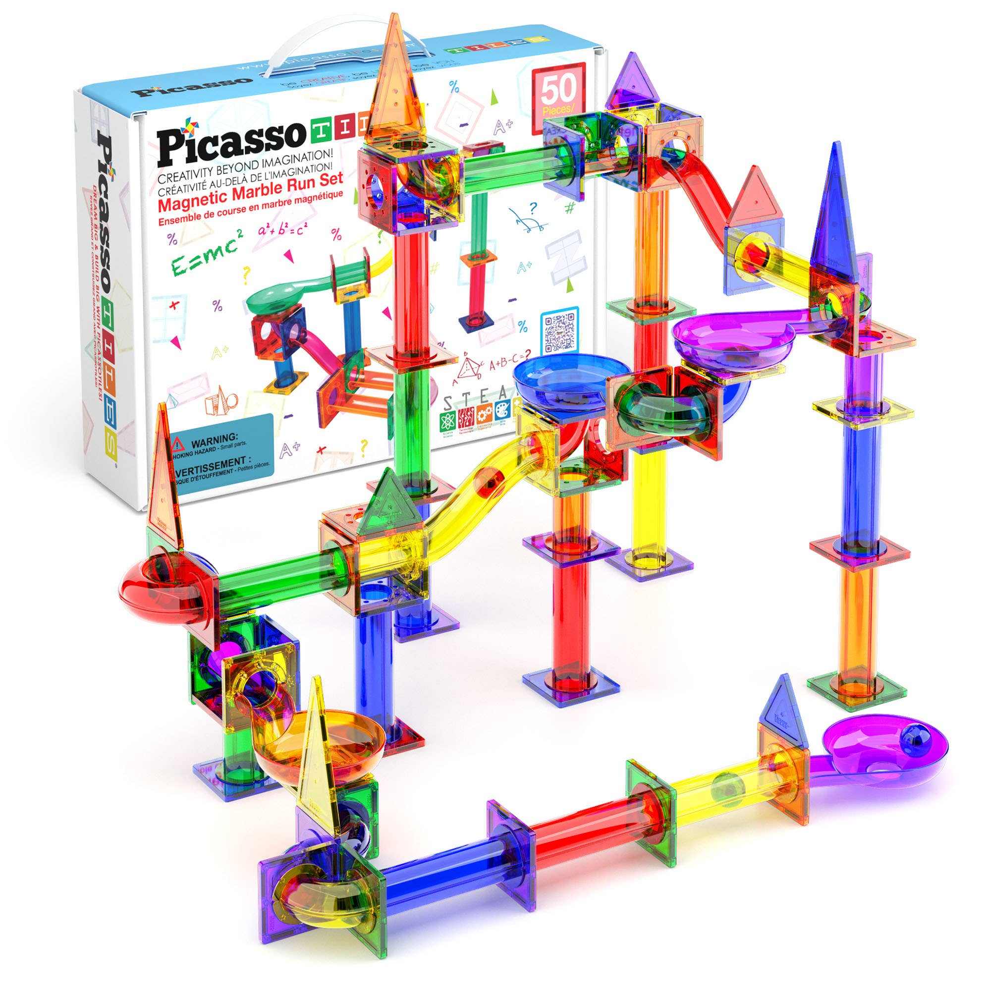 100-piece Magnetic Marble Run set with colorful translucent magnetic tiles for building 3D maze tracks, educational STEM toy for kids aged 3+