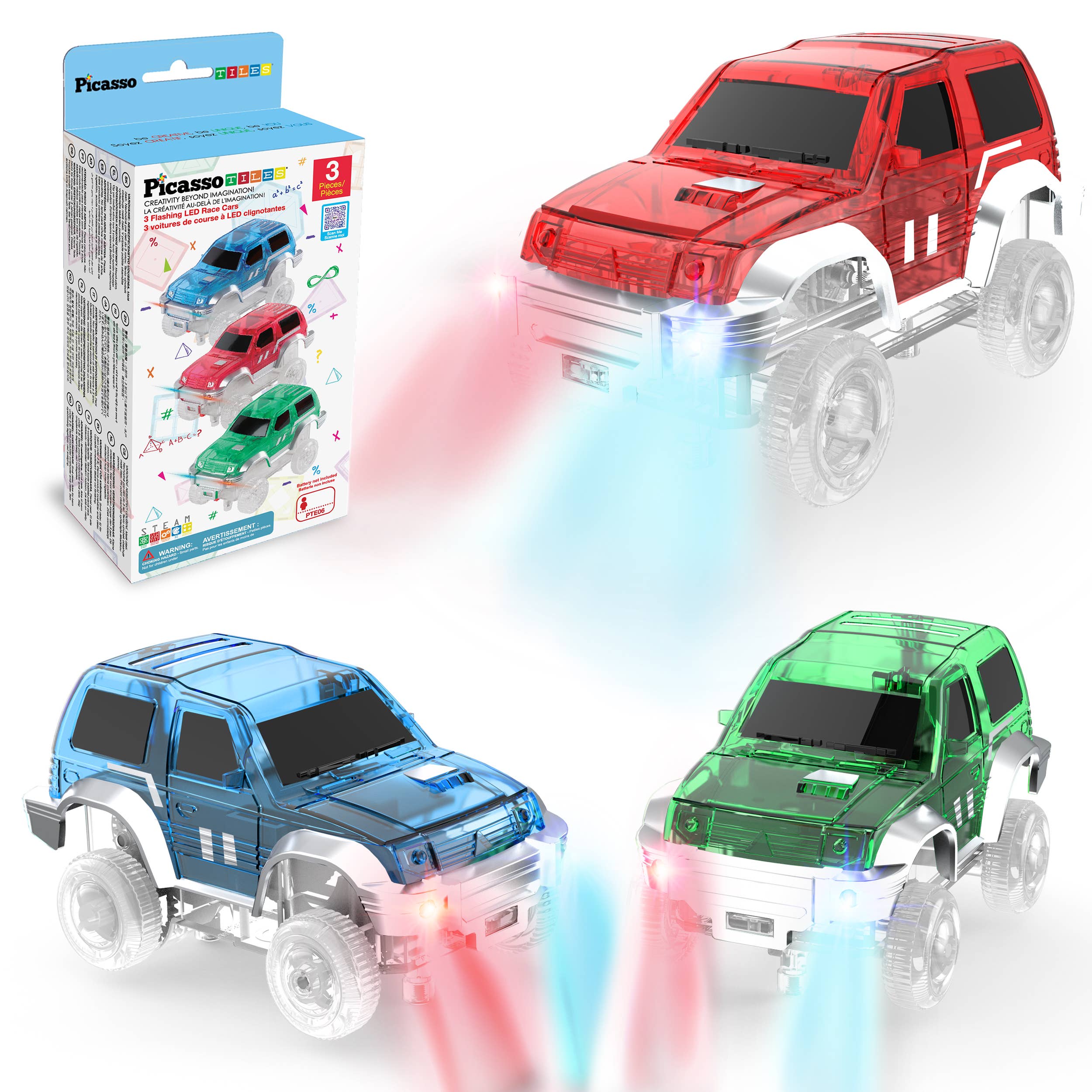 PicassoTiles 3 Pack Cars for Magnet Race Track Building Sets