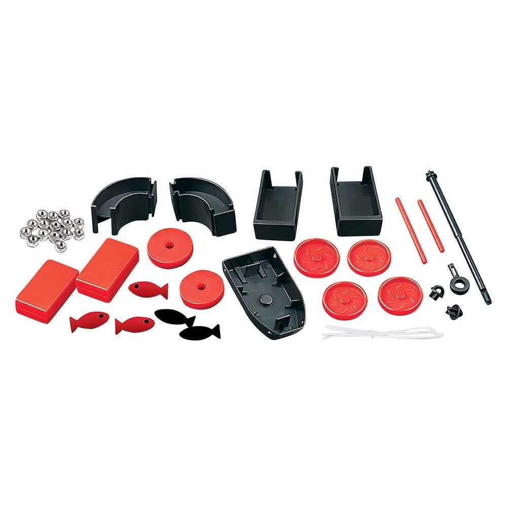 Magnet Science super magnet set with components for 10 experiments including racer, compass yacht, fishing game, and magnetic sculpture.