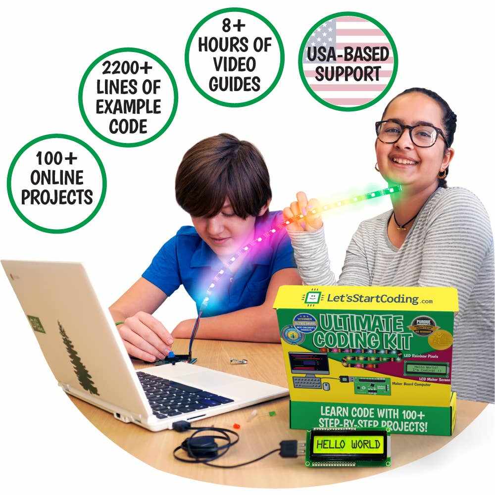 Kids using Ultimate Coding Kit with laptop and electronic components for coding projects