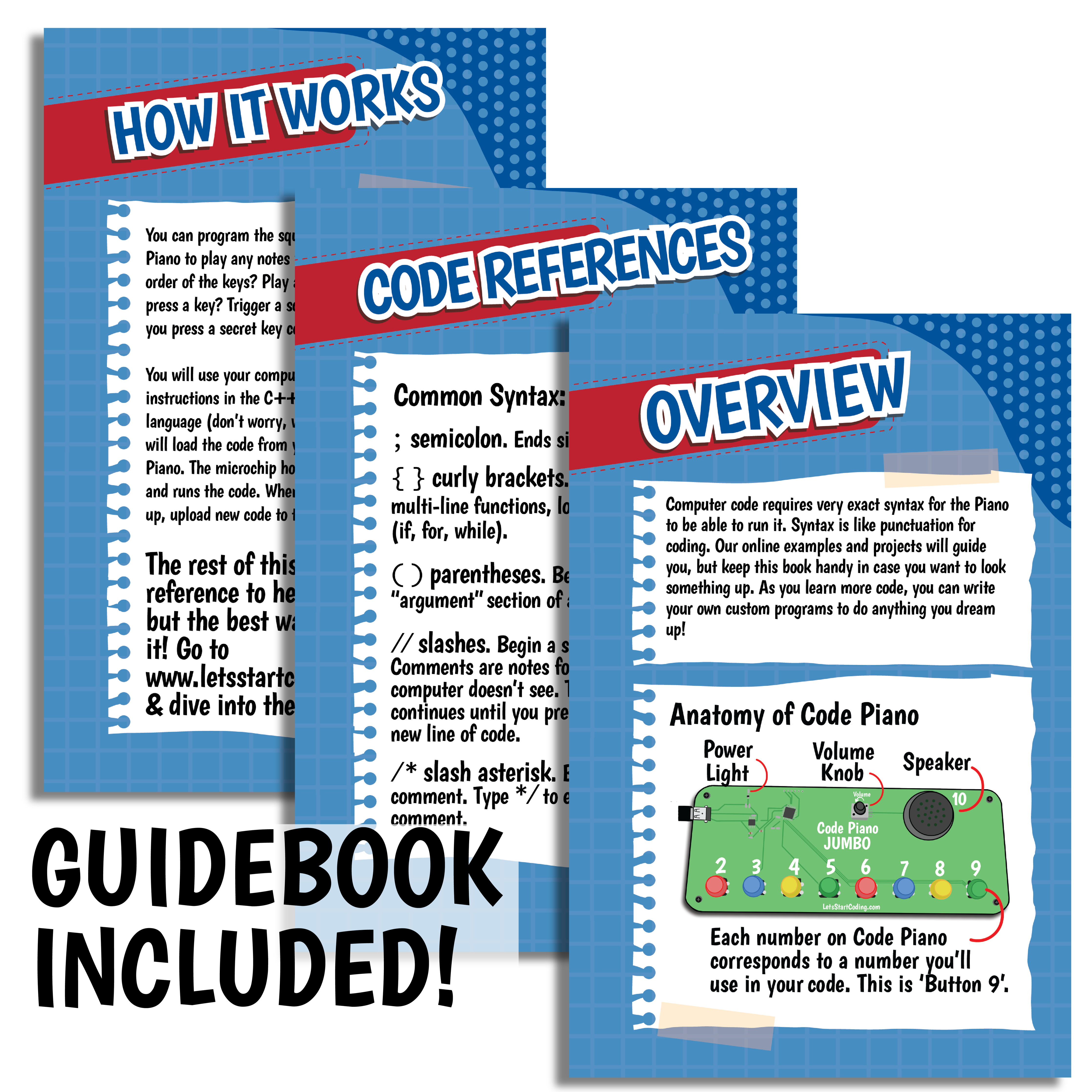 Code Piano Jumbo Coding Kit guidebook pages with programming instructions and device overview for kids learning to code music and sounds