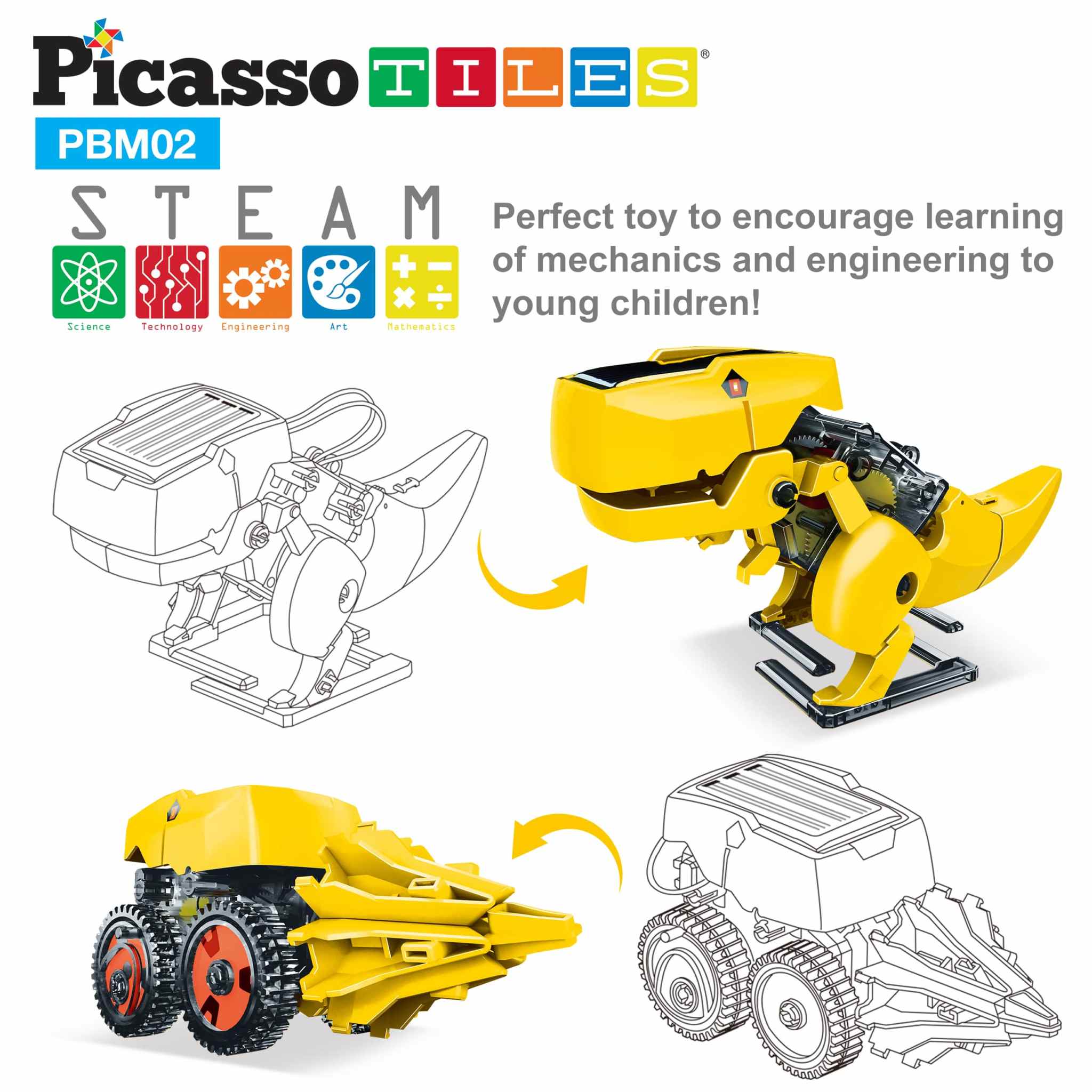 Solar powered yellow dinosaur robot toy with wheels and mechanical parts for STEM learning and eco-friendly play.