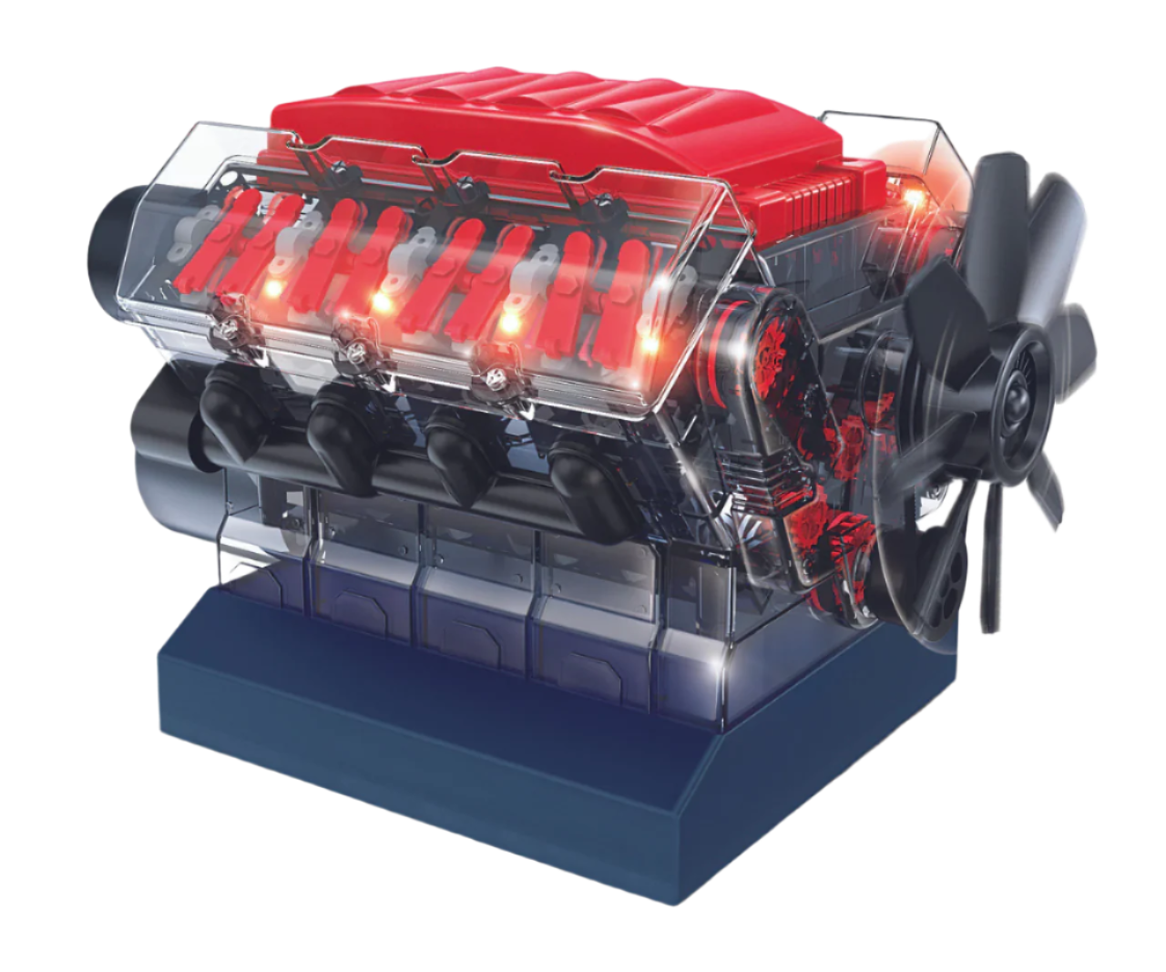 STEM V8 Engine model with transparent casing showing pistons, cooling fan, and illuminated parts on a blue base