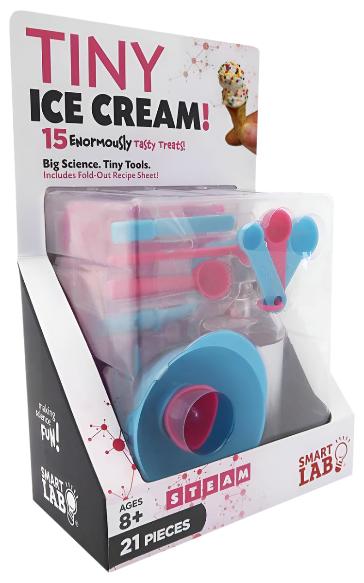 Miniature ice cream maker set with tools for waffles and cones, featuring recipes and fun facts.