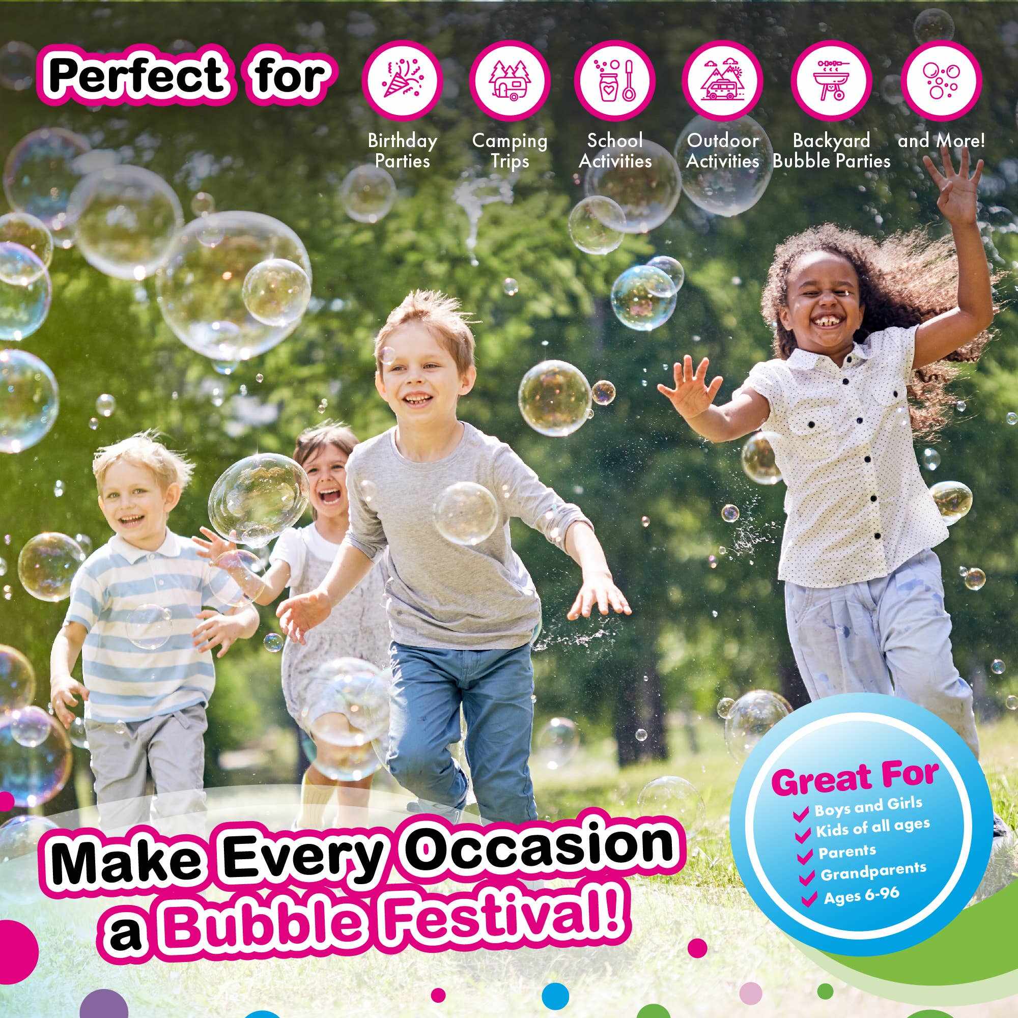 Children playing outdoors with giant bubbles using WOWmazing Giant Bubble Concentrate for parties and outdoor activities