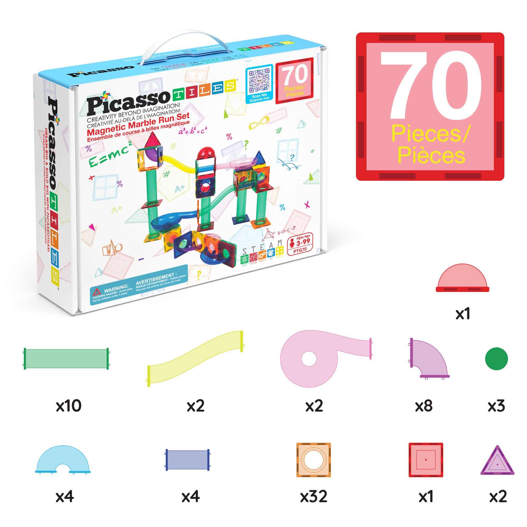 Magnetic Marble Run 70-piece STEM toy set with translucent magnetic tiles for creative 3D marble track building.