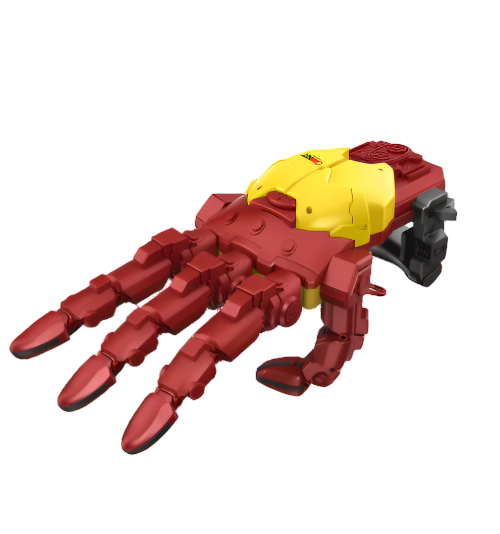 Red and yellow mechanical Cyber Hand model with articulated fingers and spring-loaded flexor controls for STEM learning.