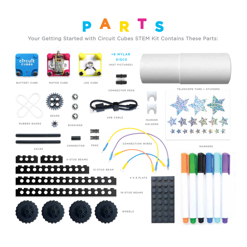 STEM Starter Kit with battery, motor, LED cubes, wheels, axles, beams, connection wires, USB cable, markers, and building parts for kids.