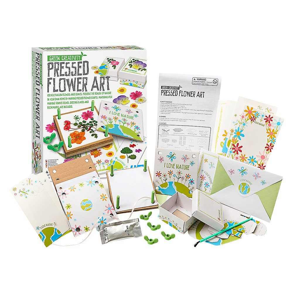 Pressed Flower Art kit with materials for creating trinket boxes, greeting cards, and bookmarks using recycled flowers and leaves.