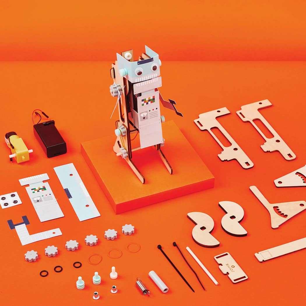 Jumping Robot STEM building kit with wooden parts, motor, battery pack, and gears for kids educational robotics project